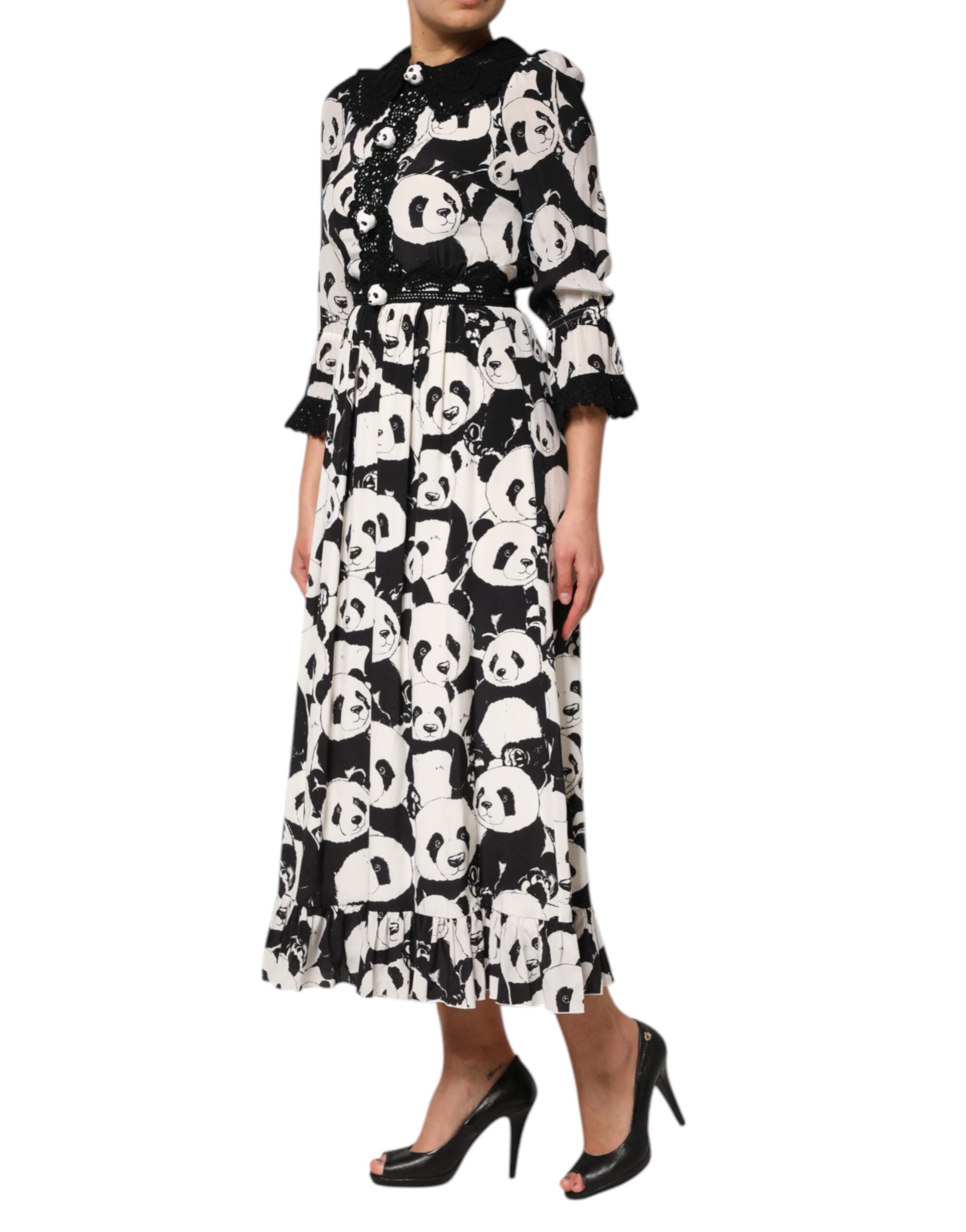 Dolce & Gabbana White Black Panda Print Flared Midi Dress