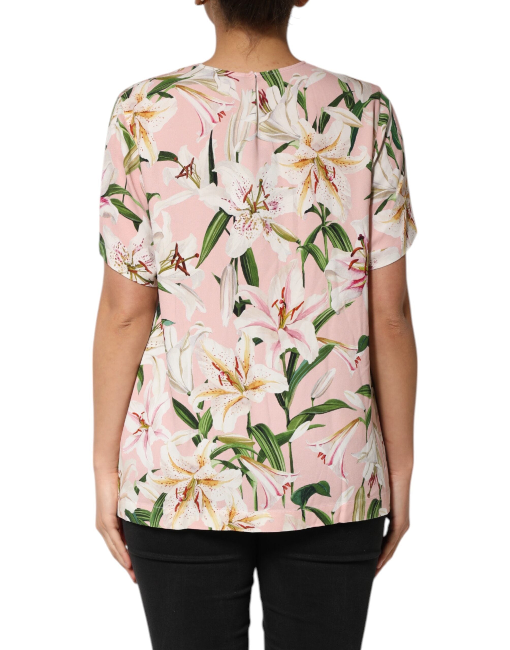 Dolce & Gabbana Pink Lily Printed Round Neck Blouse Top