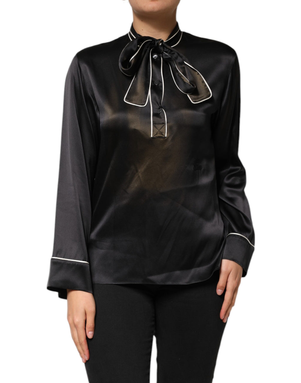 Dolce & Gabbana Black Silk Ascot Collared Button Blouse Top