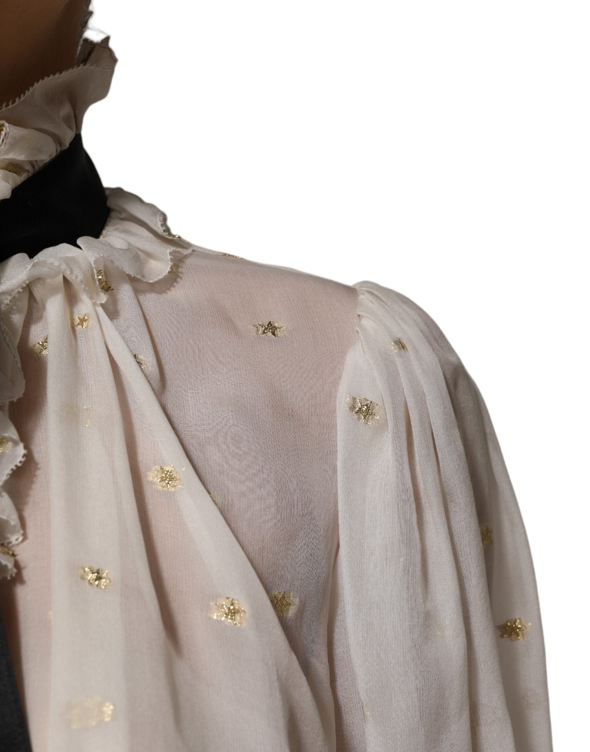 Dolce & Gabbana White Black Silk Long Sleeve Ascot Collar Top