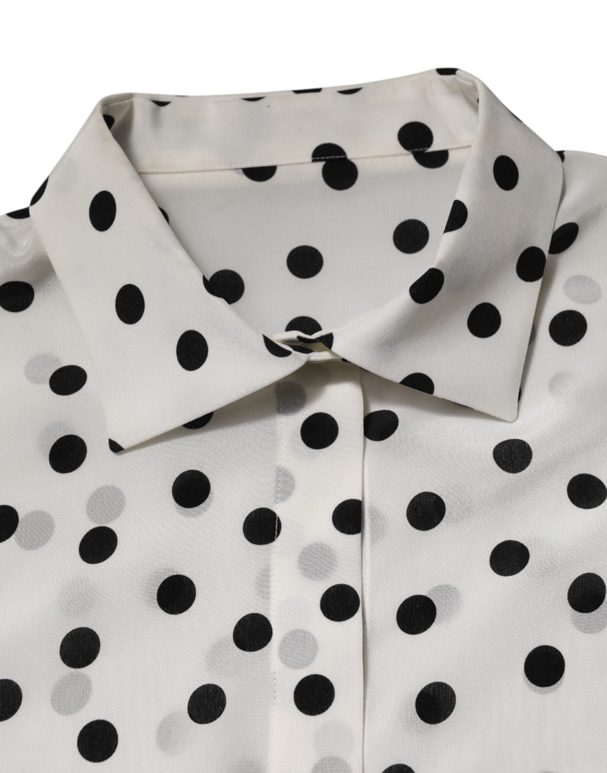 Dolce & Gabbana White Black Dotted Silk Long Sleeves Top