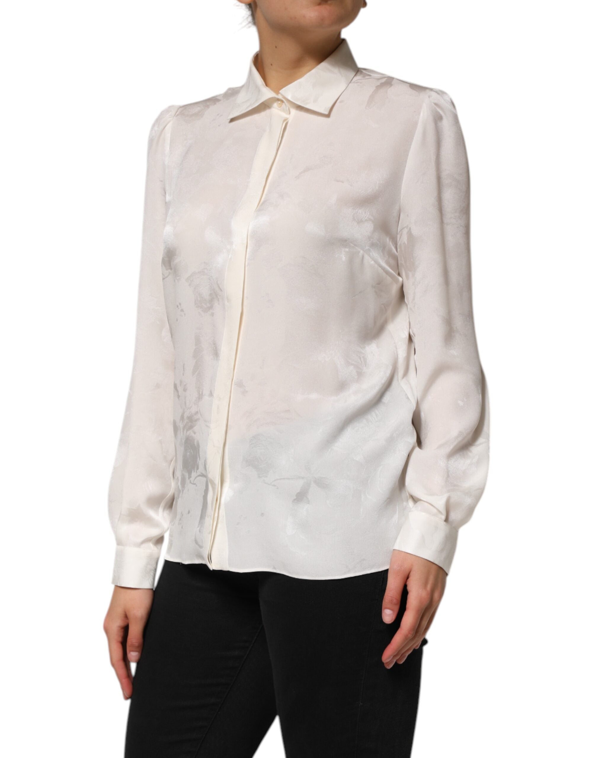 Dolce & Gabbana White Silk Long Sleeves Collared Shirt Top