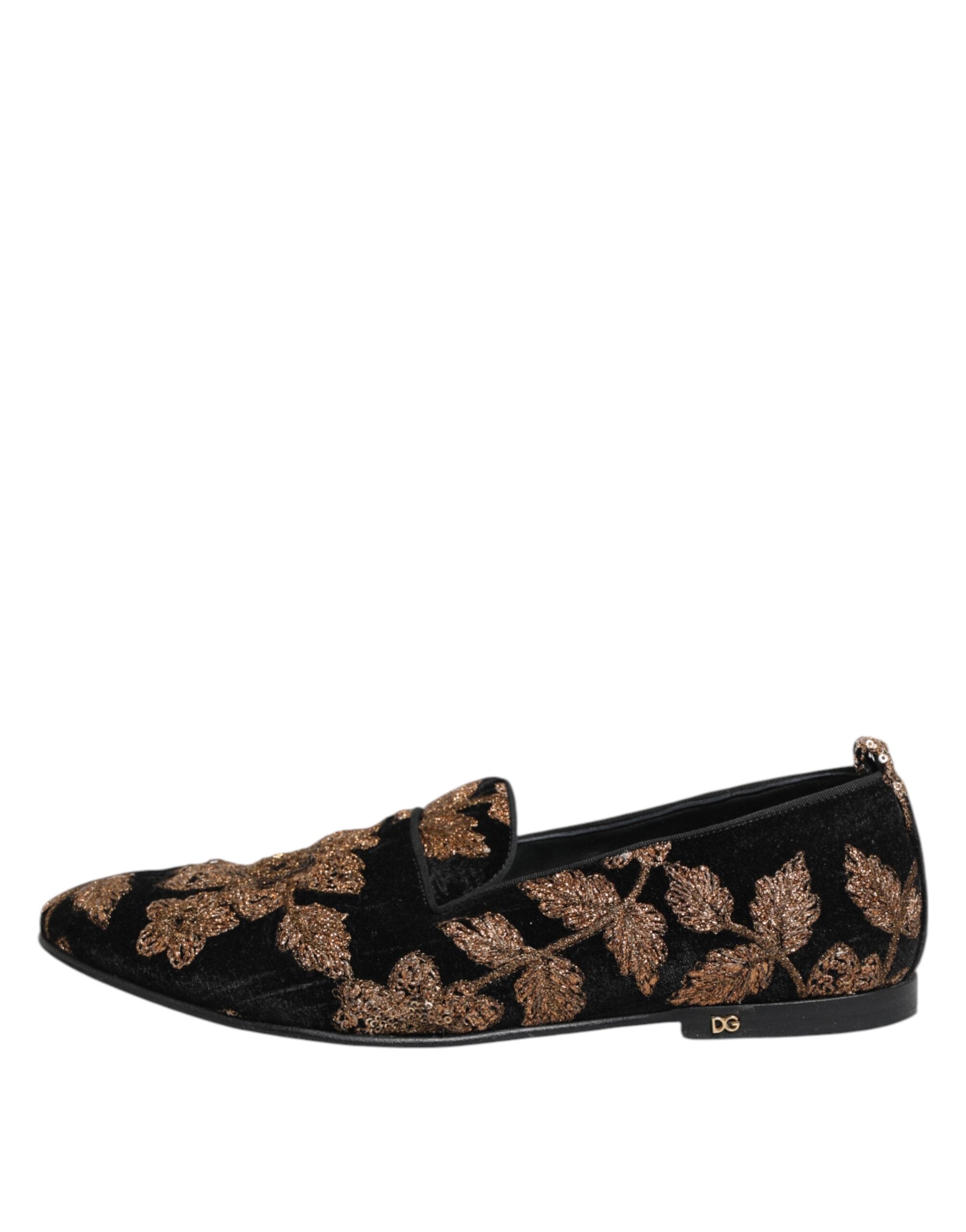 Dolce & Gabbana Black Floral Embroidery Men Loafers Shoes