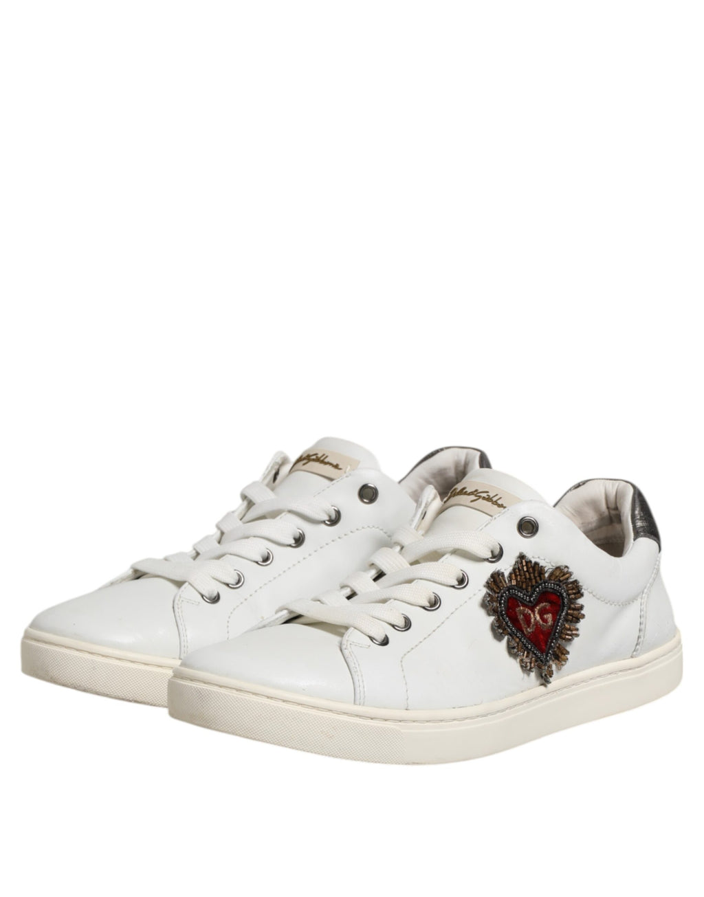 Dolce & Gabbana White Silver Sacred Heart Men Sneakers Shoes