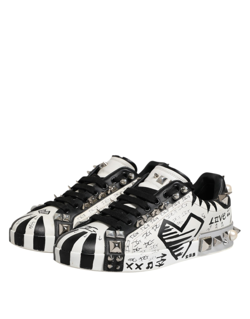 Dolce & Gabbana Black White Studded Low Top Sneakers Shoes
