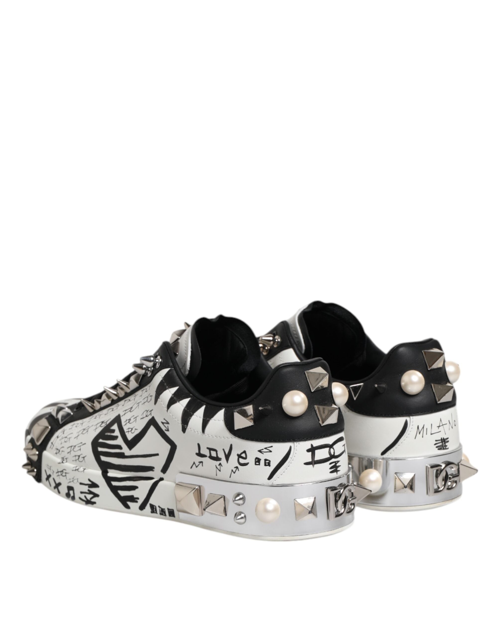 Dolce & Gabbana Black White Studded Low Top Sneakers Shoes