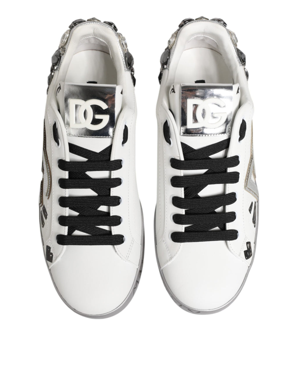 Dolce & Gabbana White Leather Crystal Portofino Sneakers Shoes