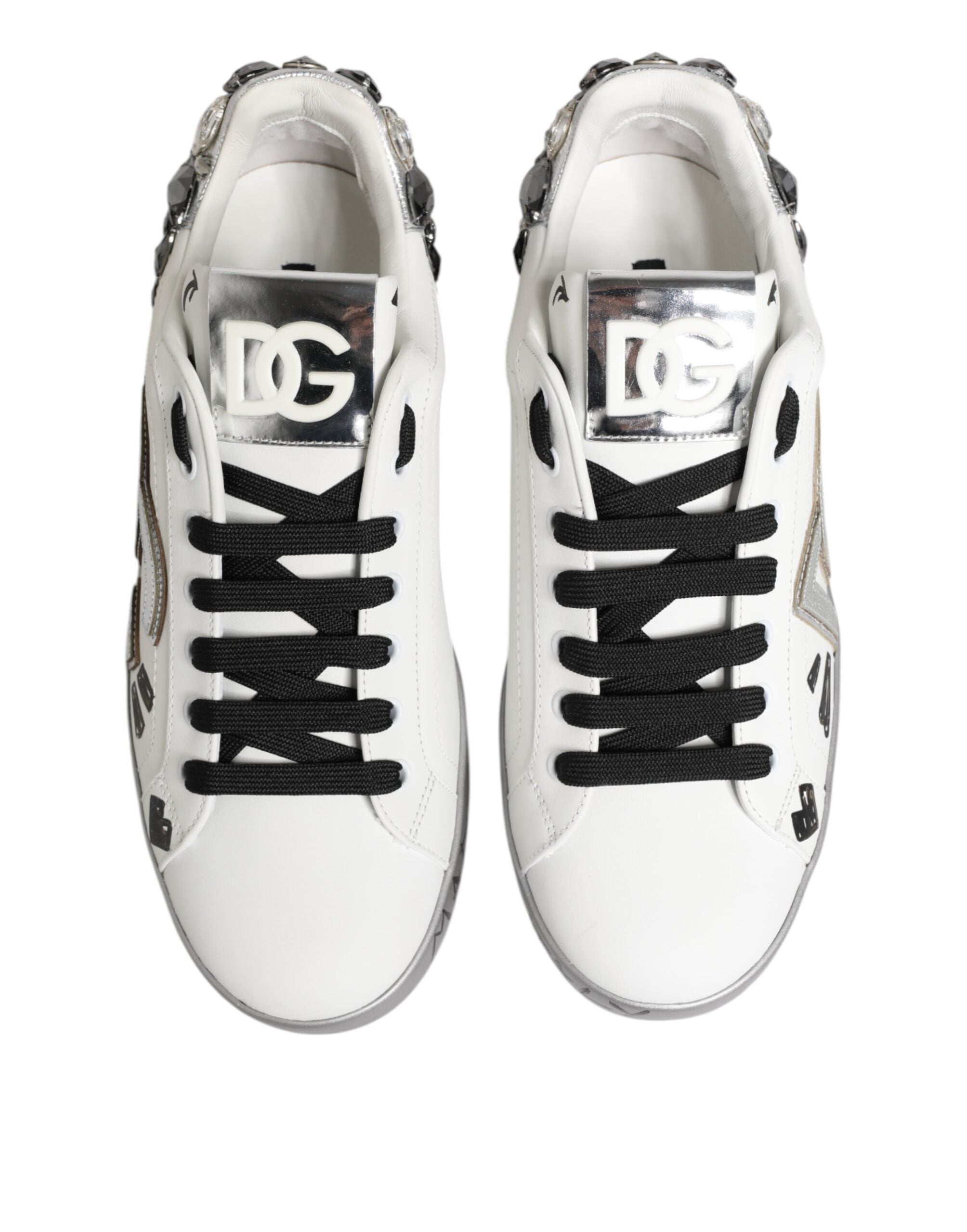 Dolce & Gabbana White Leather Crystal Portofino Sneakers Shoes