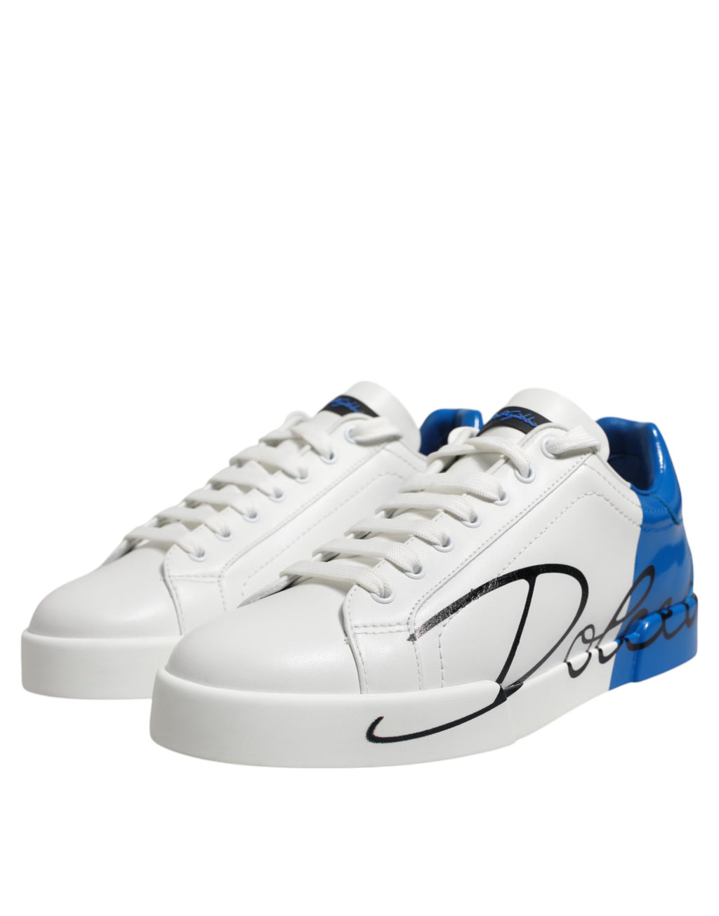 Dolce & Gabbana White Blue Leather Logo Low Top Sneakers Shoes