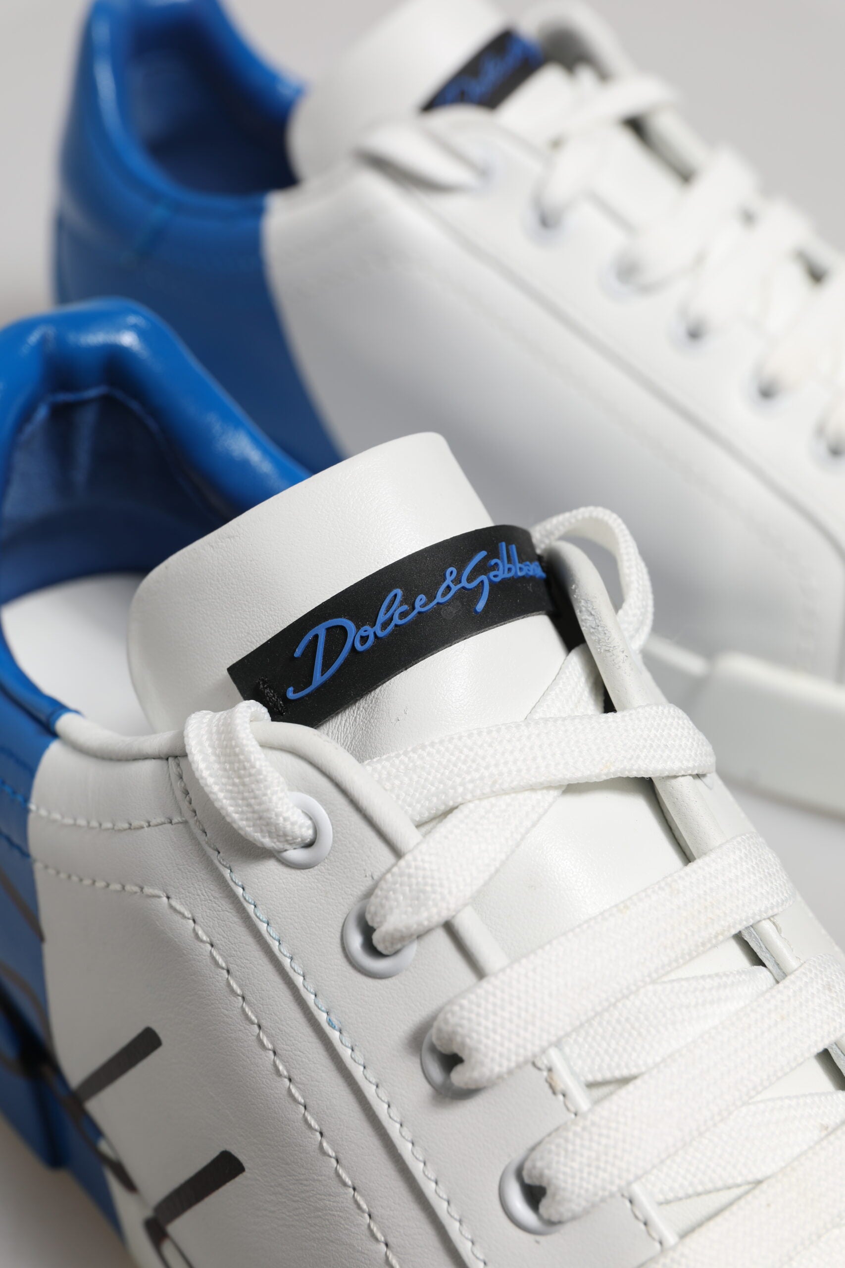 Dolce & Gabbana White Blue Leather Logo Low Top Sneakers Shoes