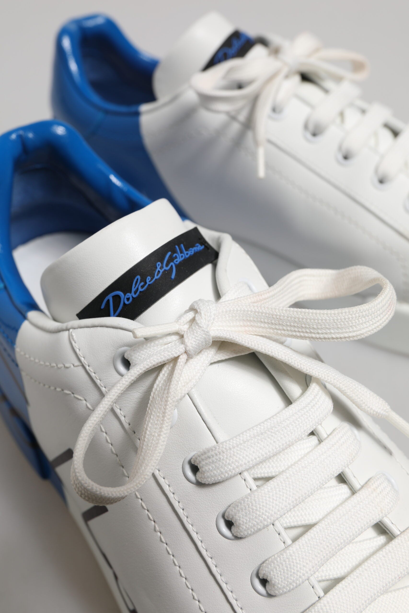 Dolce & Gabbana White Blue Leather Logo Low Top Sneakers Shoes