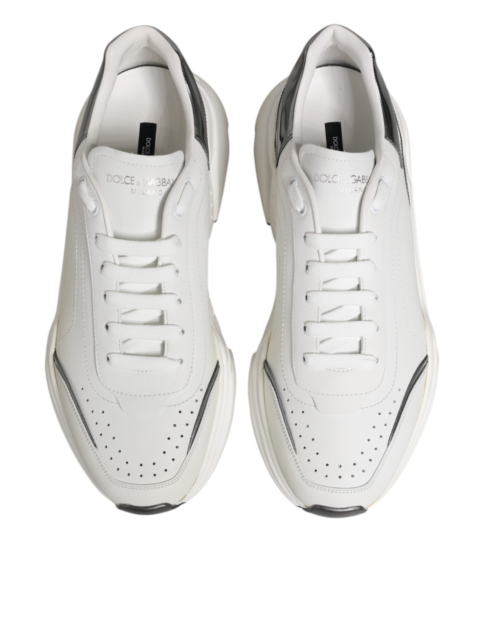 Dolce & Gabbana White Silver DAYMASTER Leather Sneakers Shoes