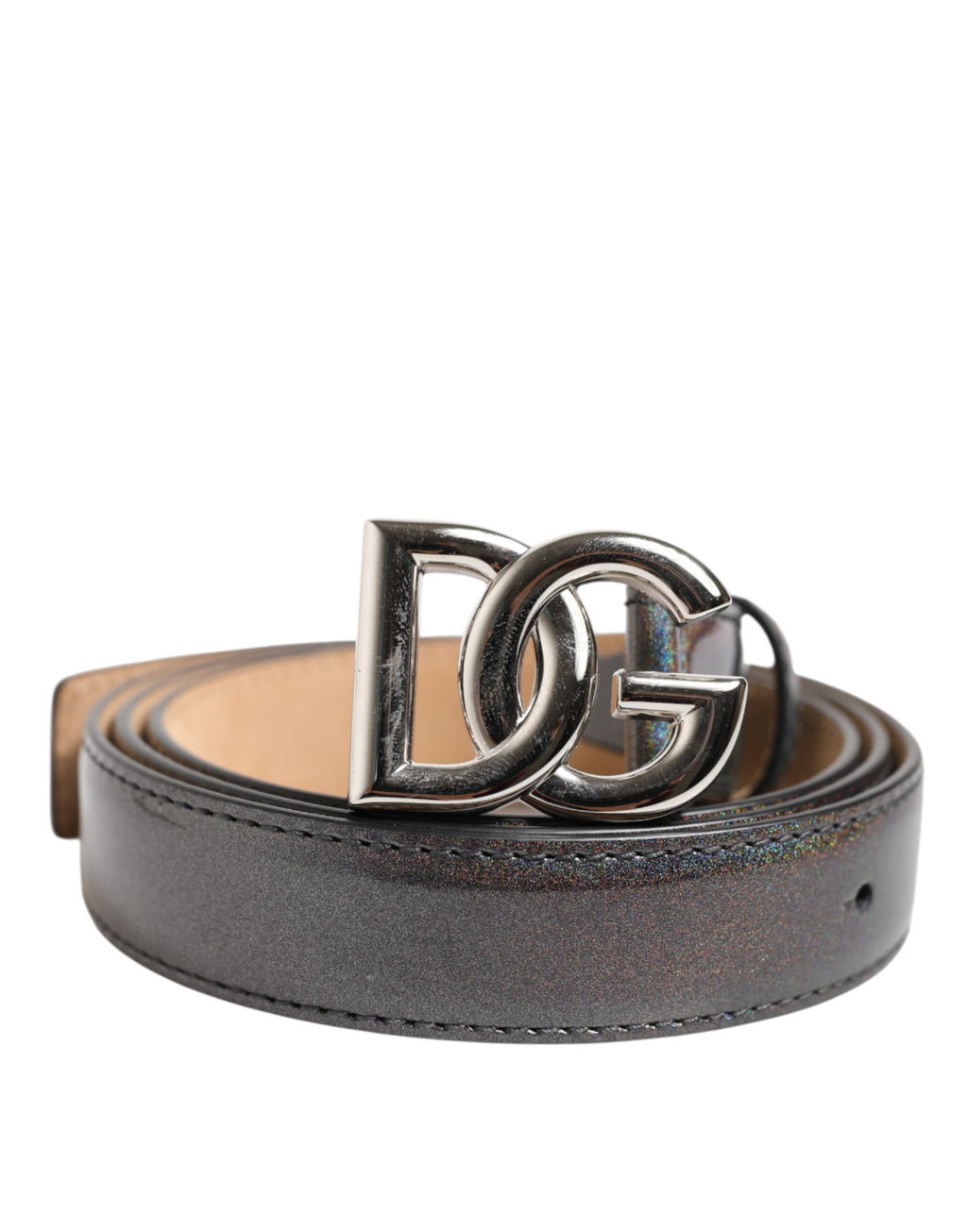 Dolce & Gabbana Metallic Leather Silver Tone Logo Buckle Belt