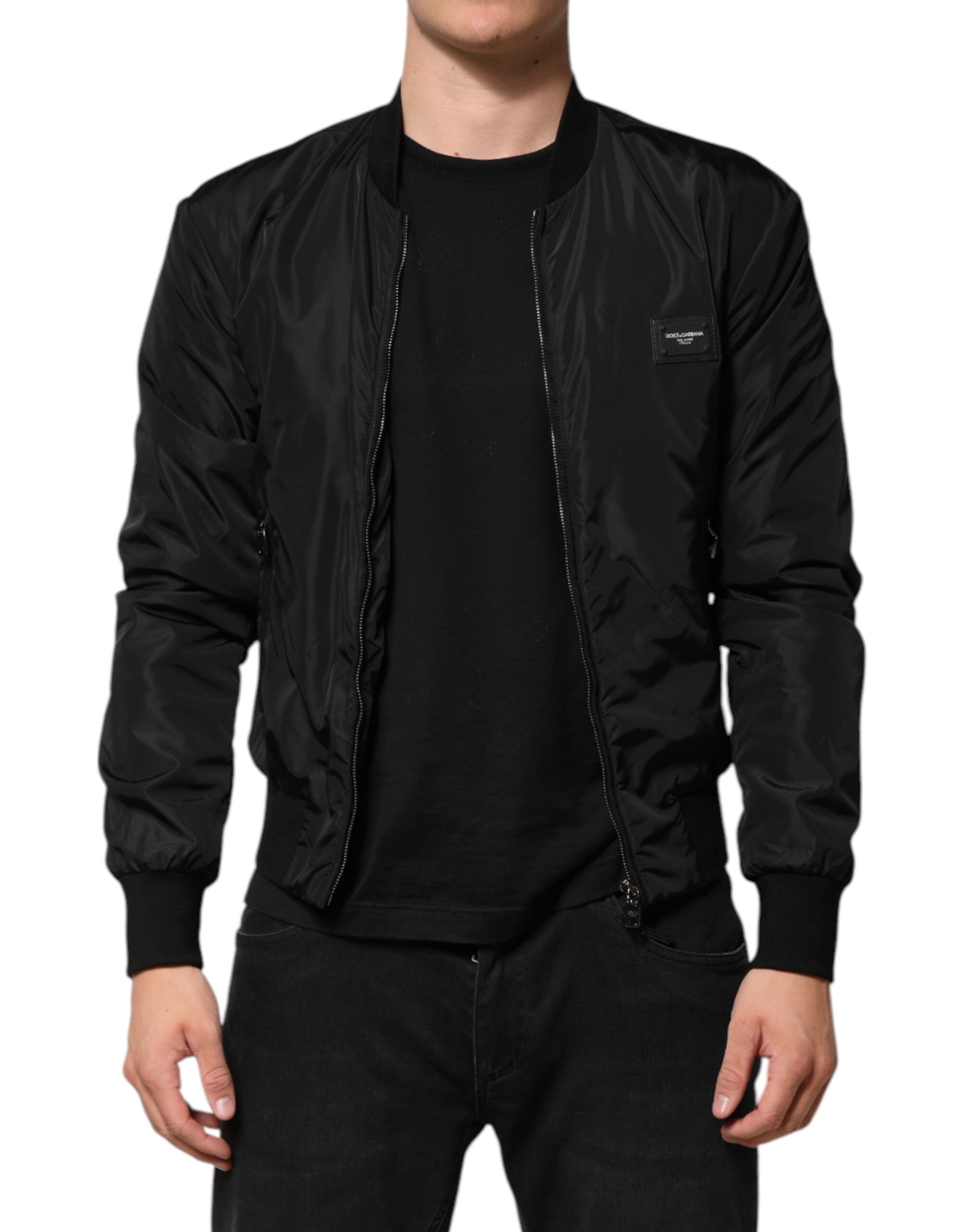 Dolce & Gabbana Black Nylon Logo Plaque Men Bomber Jacket