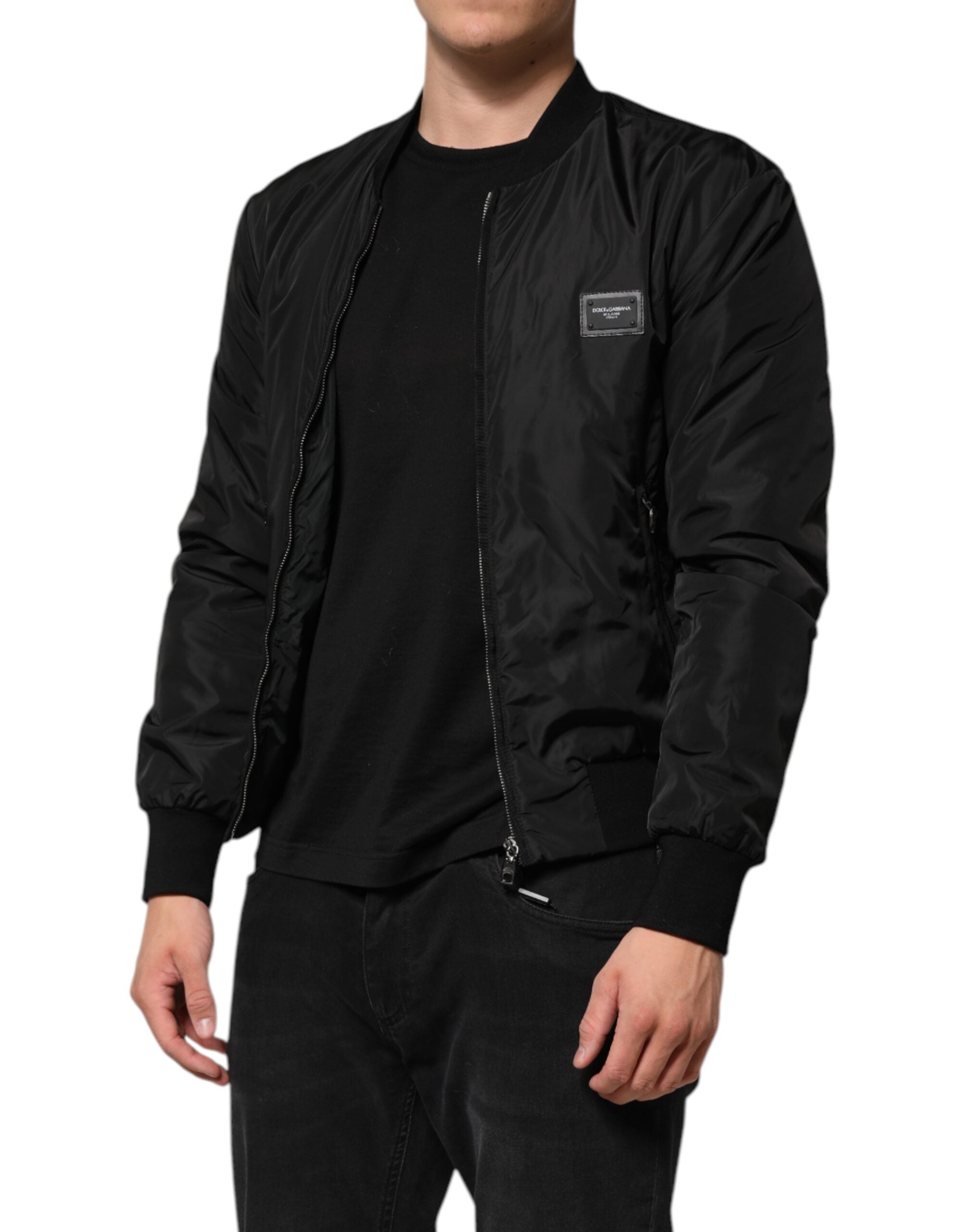 Dolce & Gabbana Black Nylon Logo Plaque Men Bomber Jacket