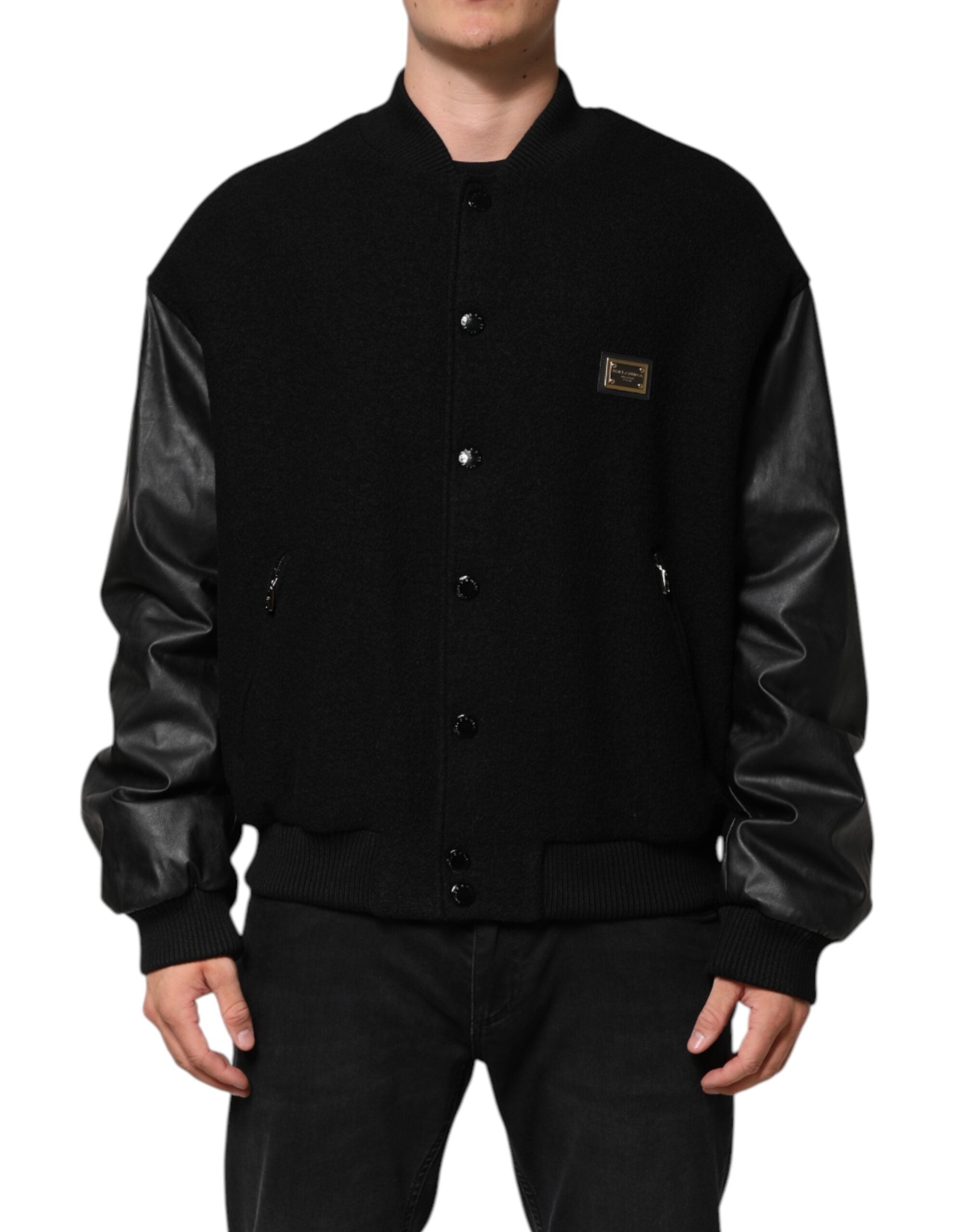 Dolce & Gabbana Black Wool Logo Plaque Bomber Jacket