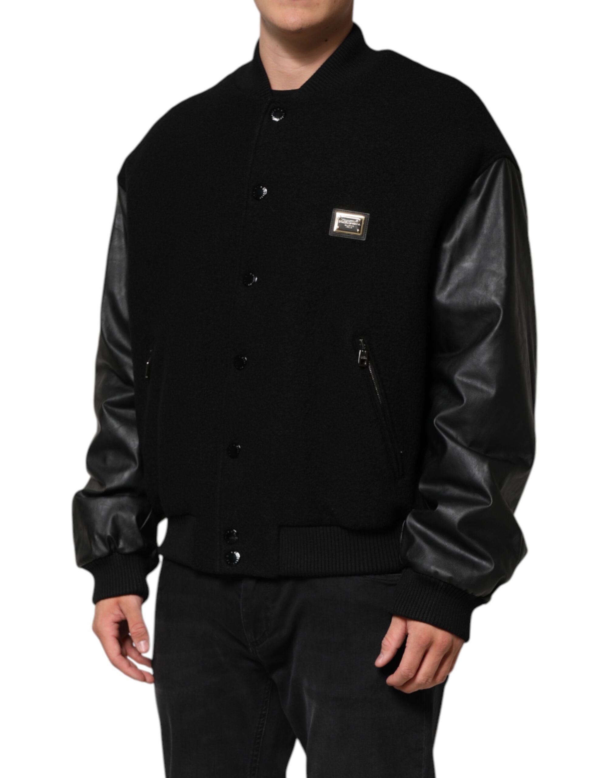 Dolce & Gabbana Black Wool Logo Plaque Bomber Jacket