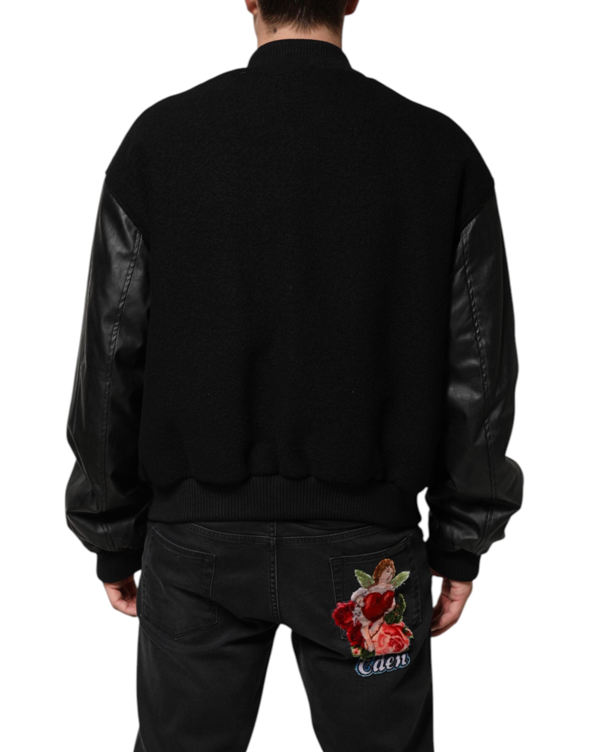 Dolce & Gabbana Black Wool Logo Plaque Bomber Jacket