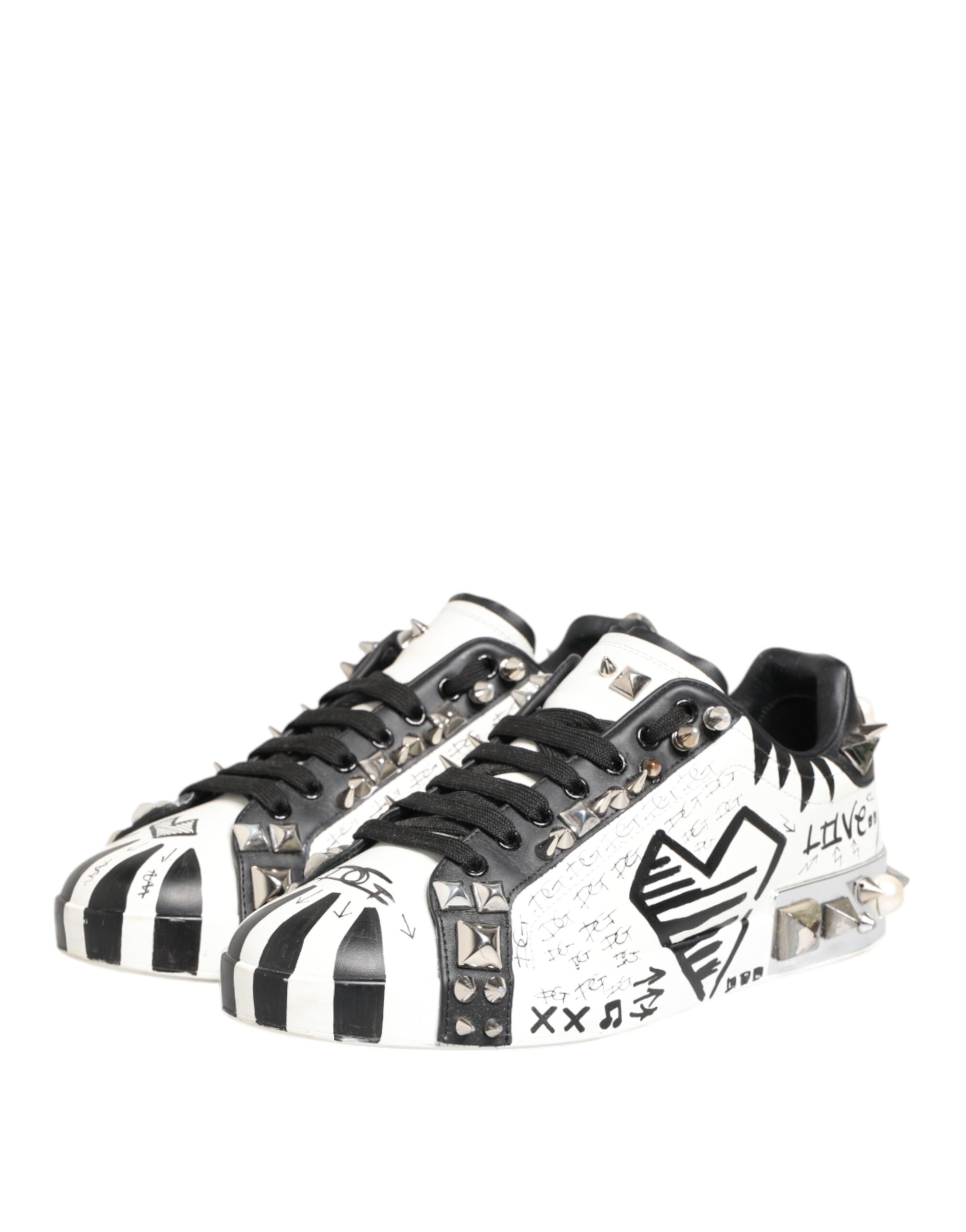 Dolce & Gabbana White Studded Printed Low Top Sneakers Shoes