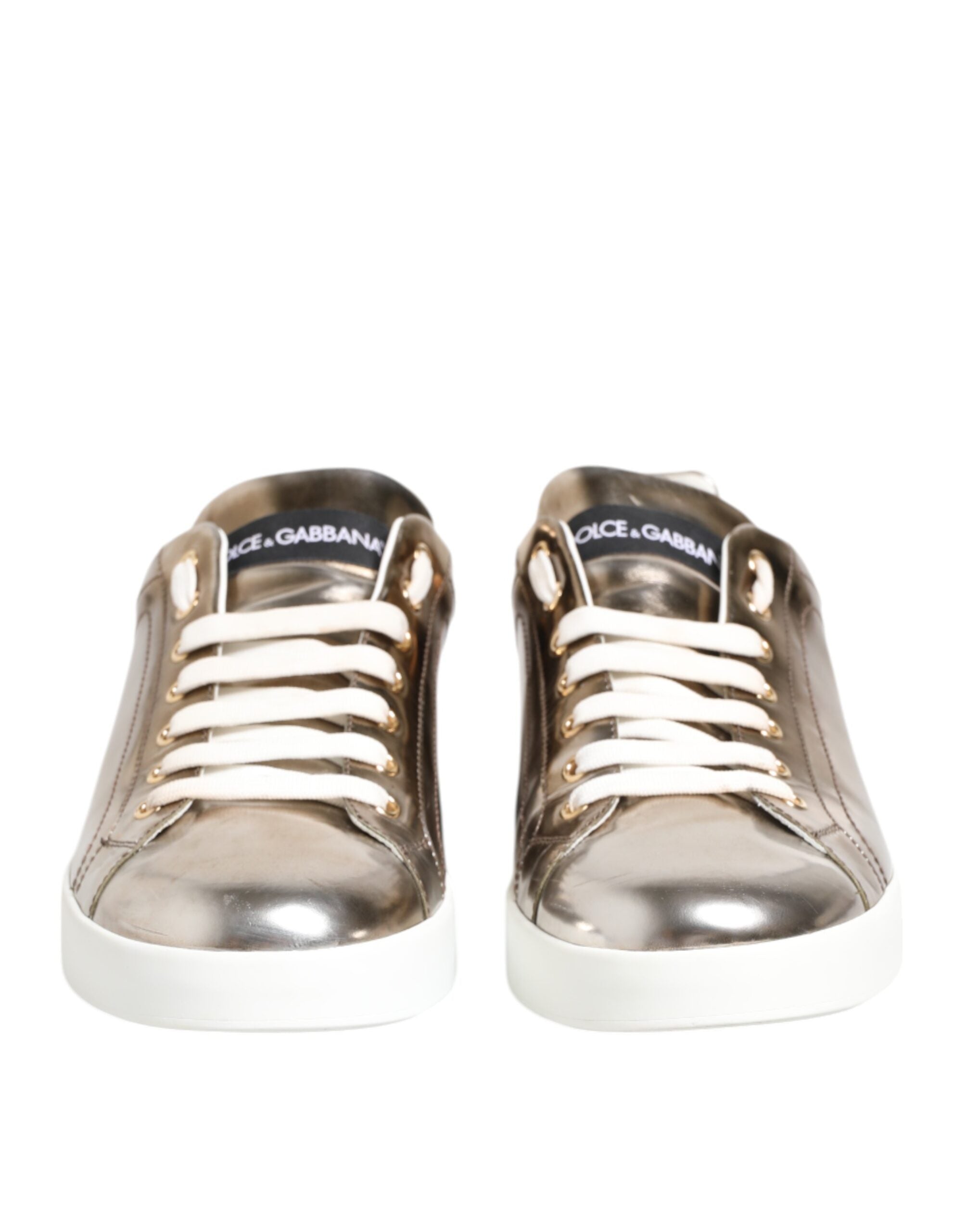 Dolce & Gabbana Gold White Leather Low Top Men Sneakers Shoes