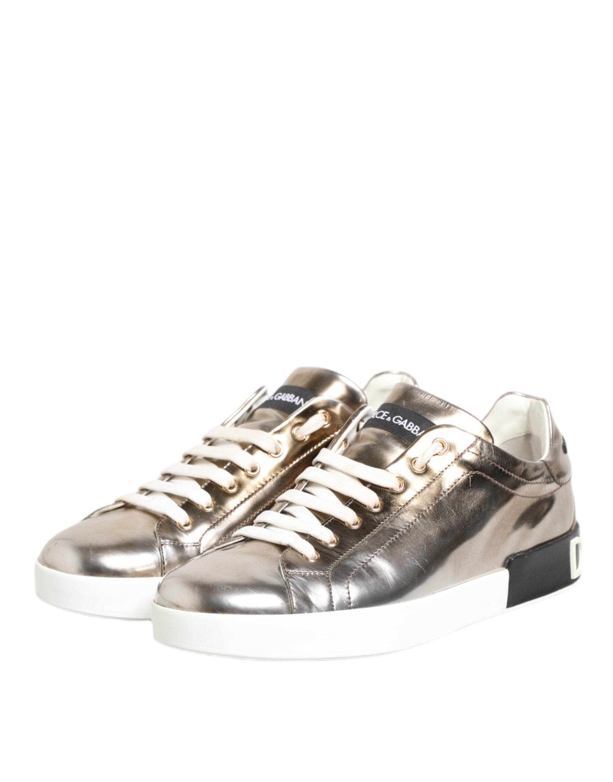 Dolce & Gabbana Gold White Leather Low Top Men Sneakers Shoes