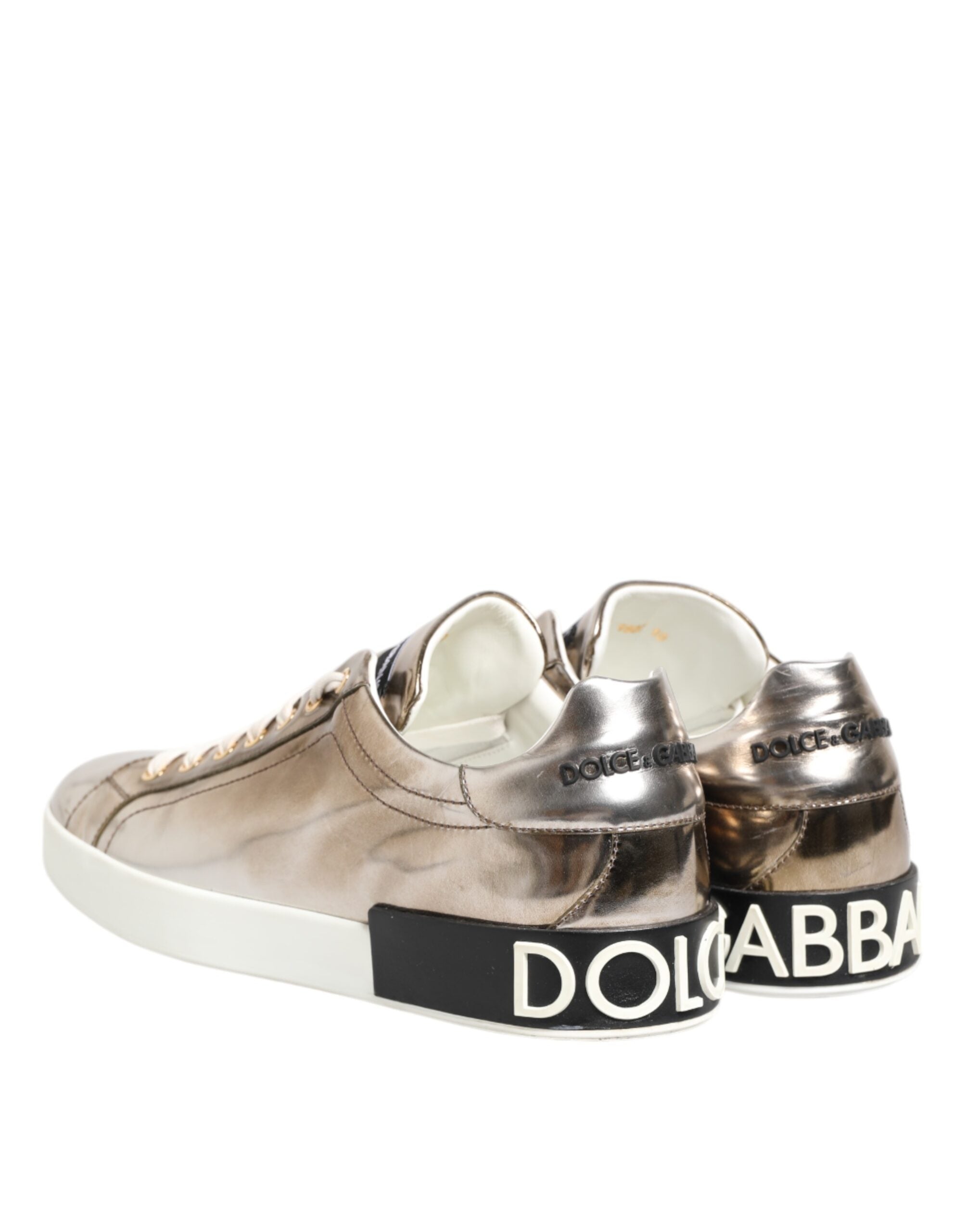 Dolce & Gabbana Gold White Leather Low Top Men Sneakers Shoes