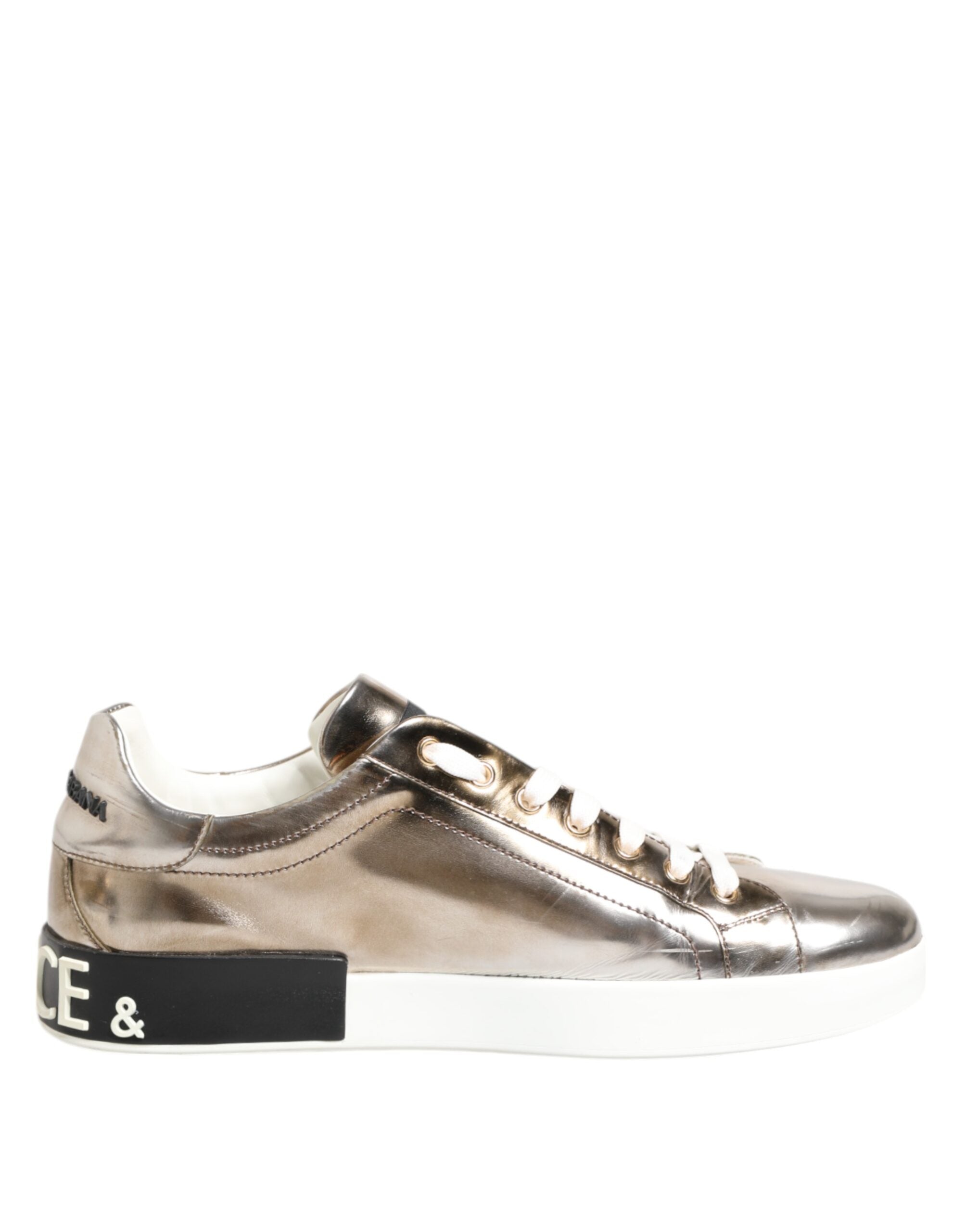Dolce & Gabbana Gold White Leather Low Top Men Sneakers Shoes