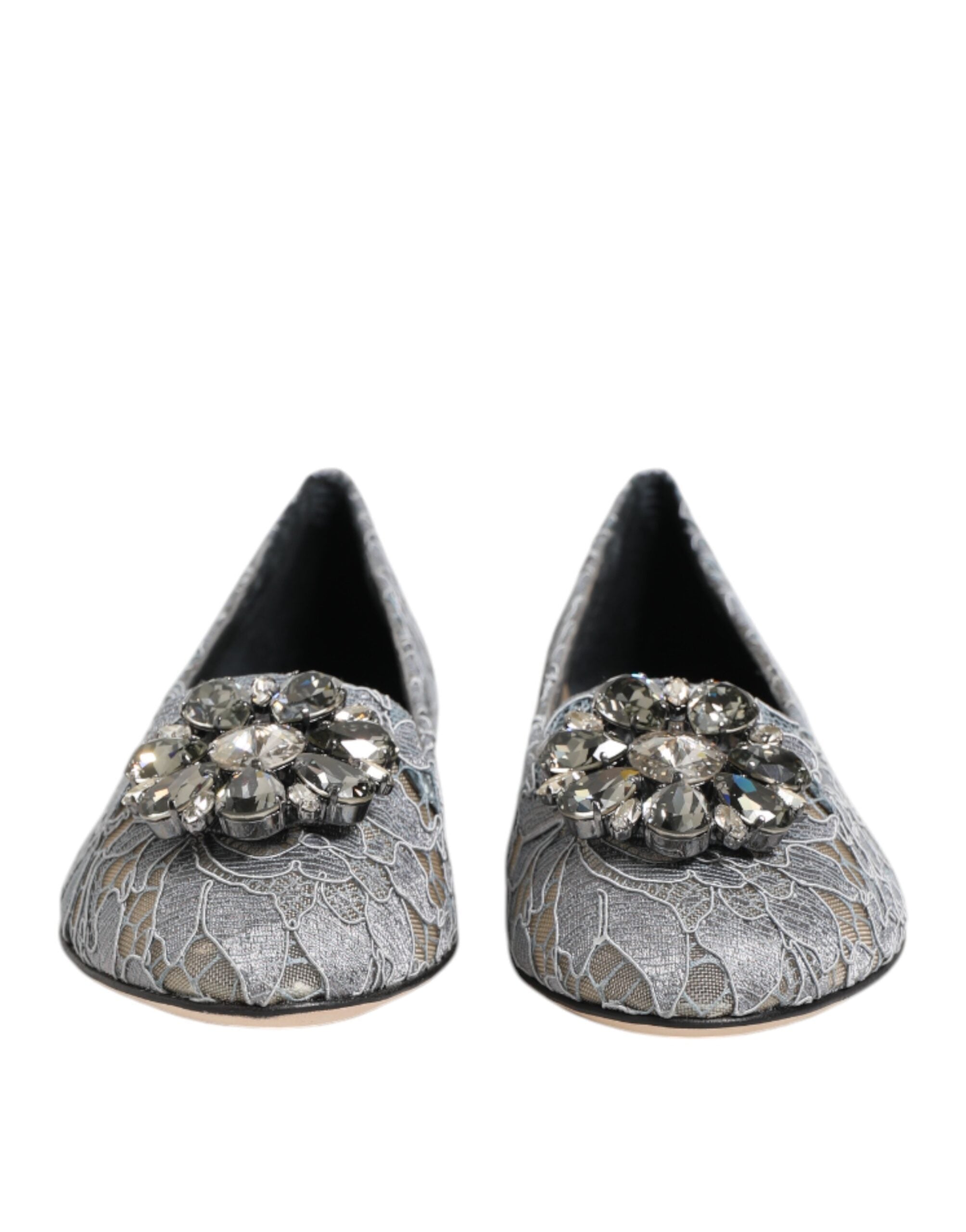 Dolce & Gabbana Gray Taormina Lace Crystals Flats Shoes