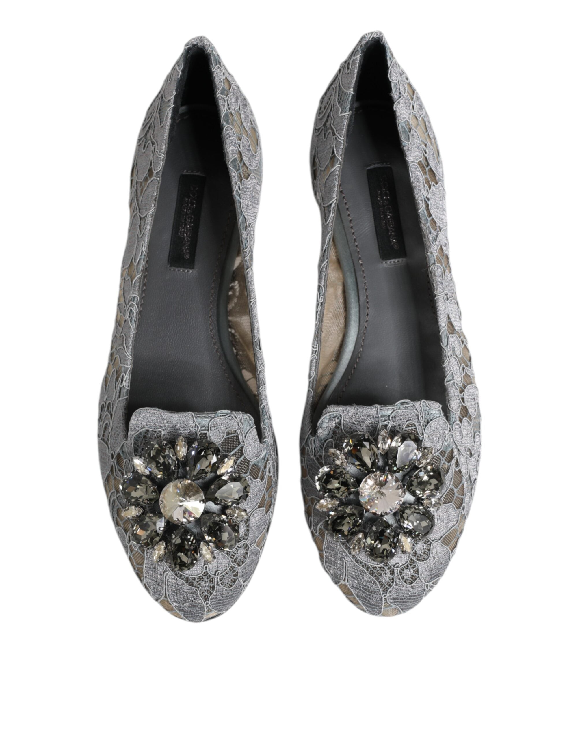 Dolce & Gabbana Gray Taormina Lace Crystals Flats Shoes