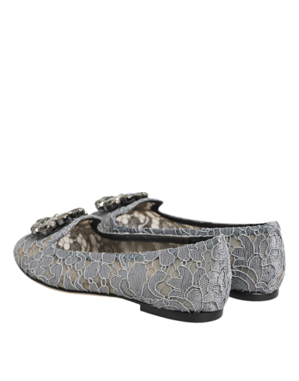 Dolce & Gabbana Gray Taormina Lace Crystals Flats Shoes