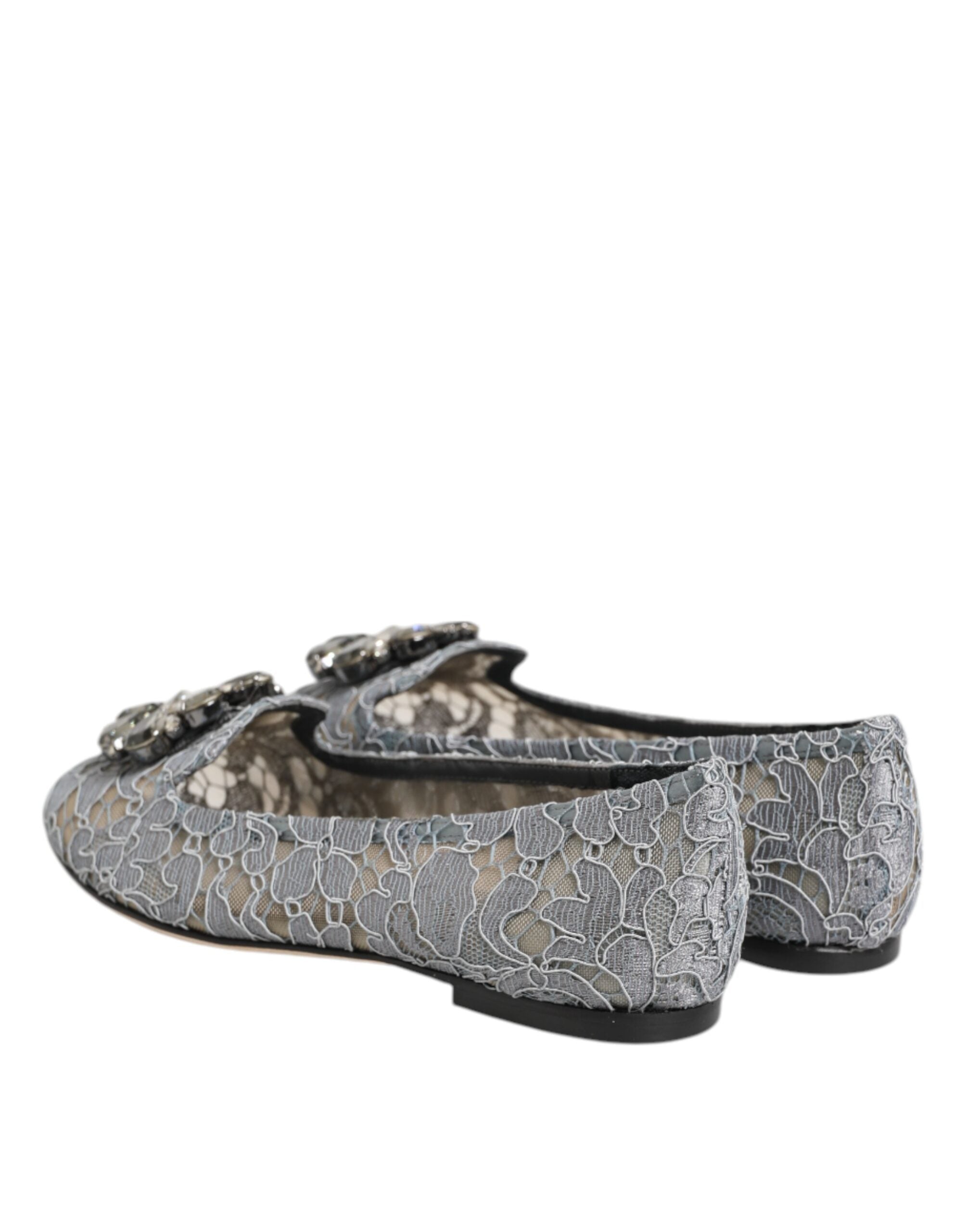 Dolce & Gabbana Gray Taormina Lace Crystals Flats Shoes