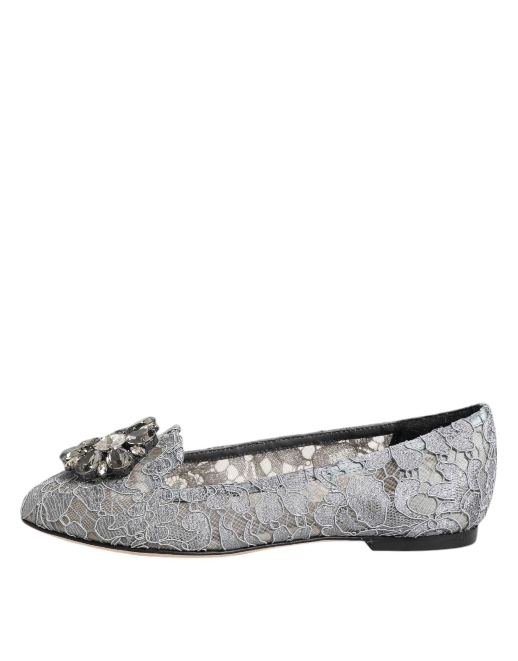 Dolce & Gabbana Gray Taormina Lace Crystals Flats Shoes