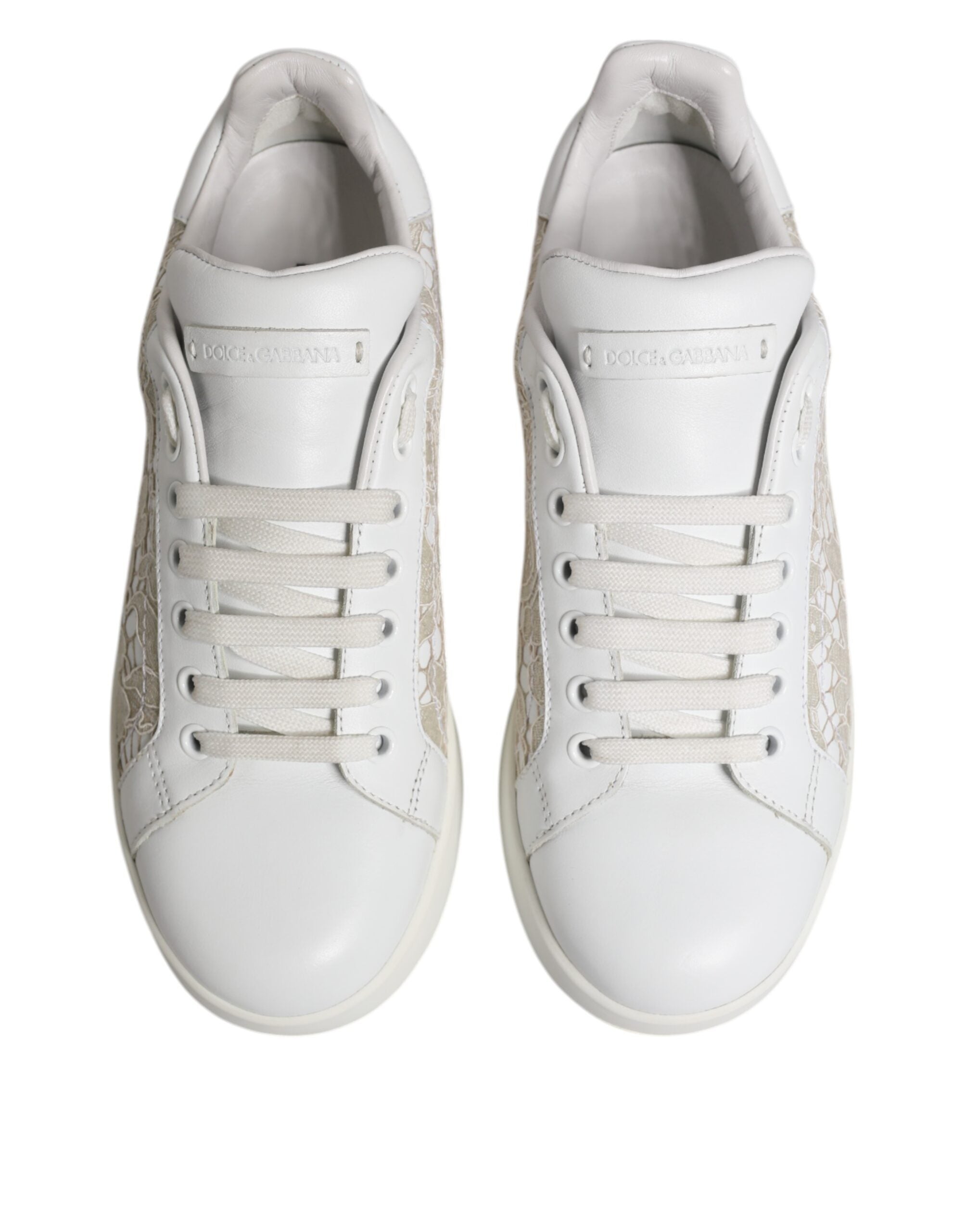 Dolce & Gabbana White Lace Leather Low Top Sneaker Shoes