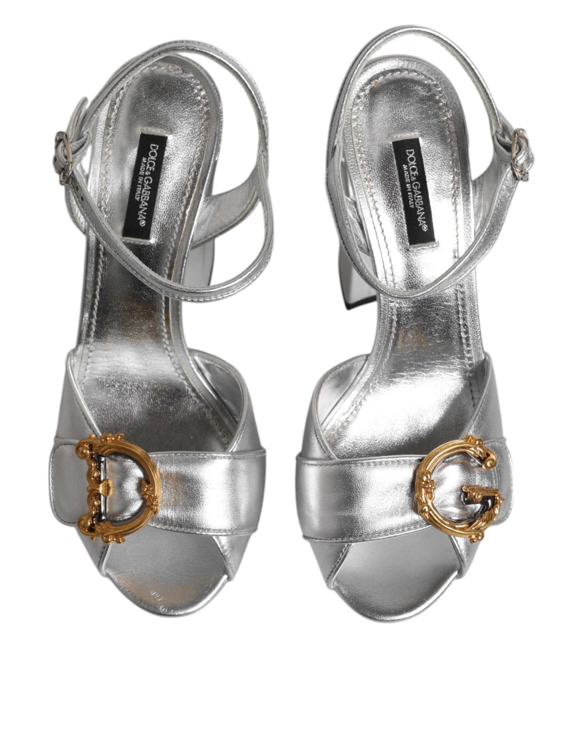 Dolce & Gabbana Silver Logo Ankle Strap Heels Sandals Shoes