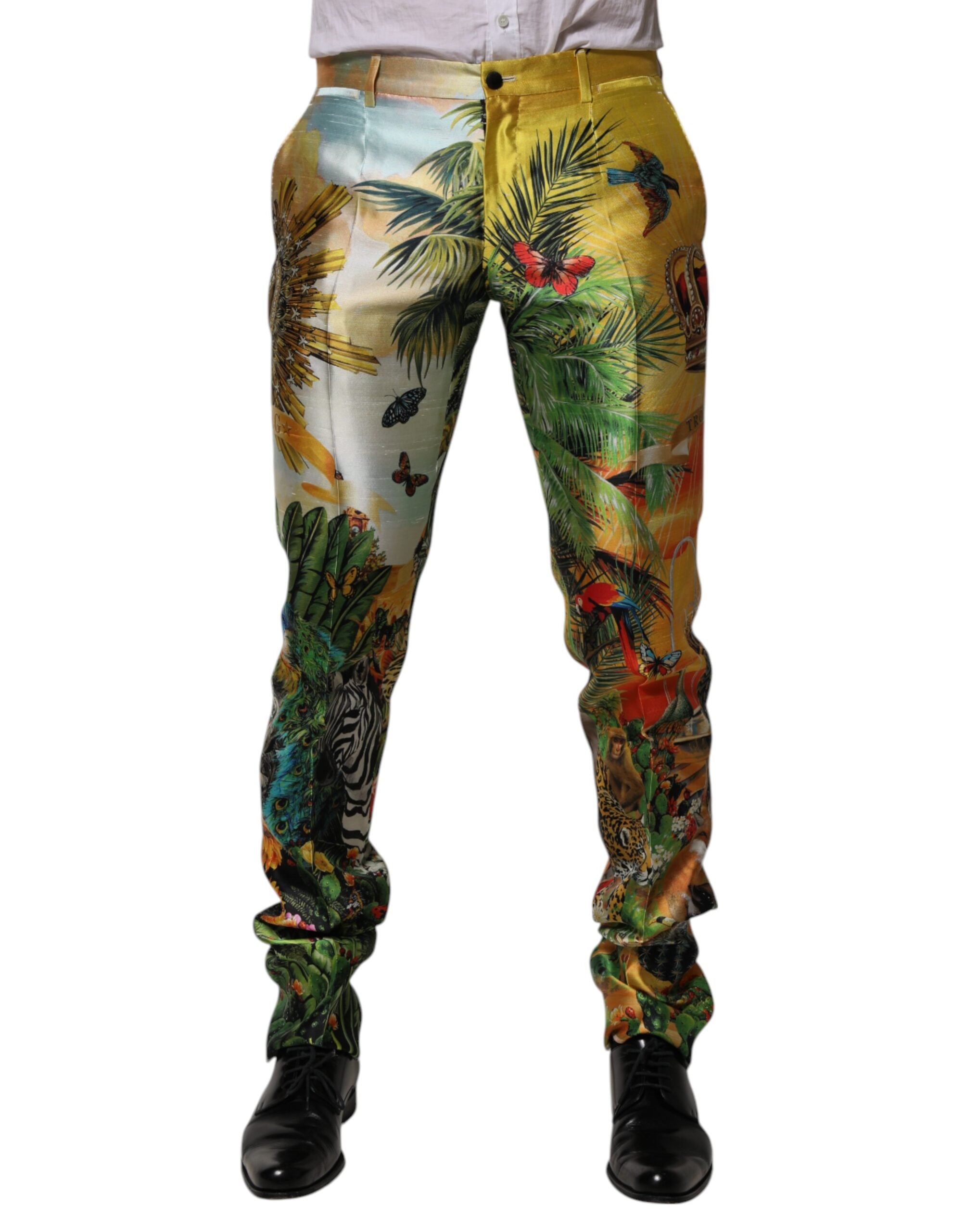 Dolce & Gabbana Multicolor Forest Print Silk Skinny Men Pants