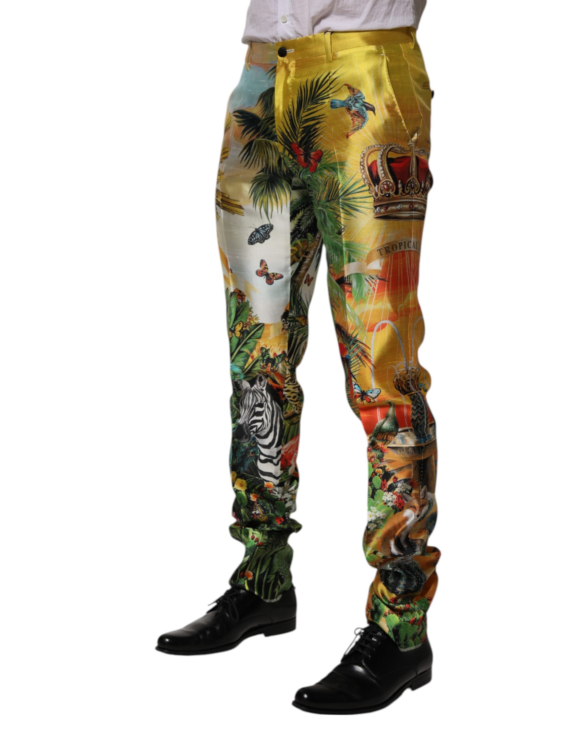 Dolce & Gabbana Multicolor Forest Print Silk Skinny Men Pants