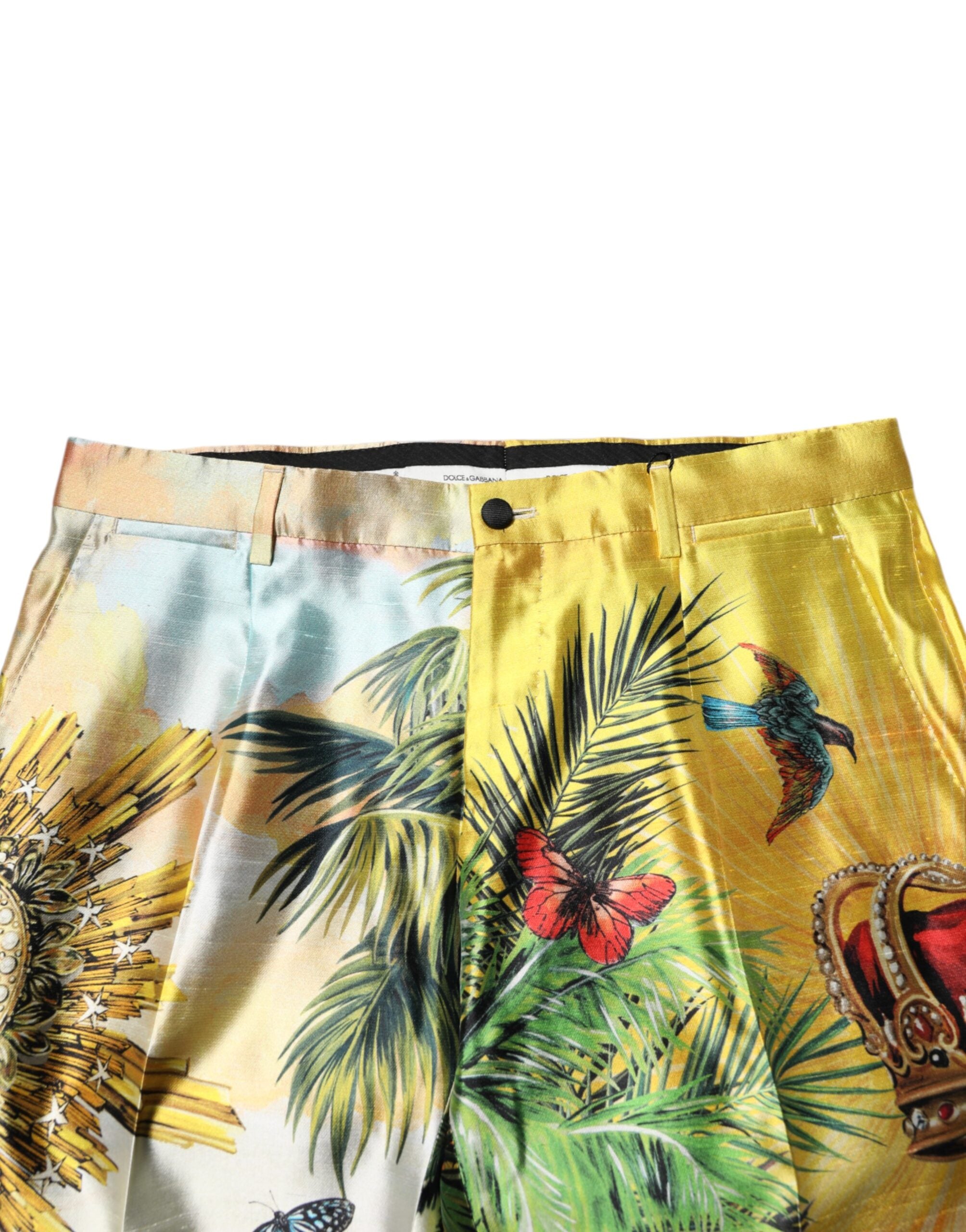 Dolce & Gabbana Multicolor Forest Print Silk Skinny Men Pants