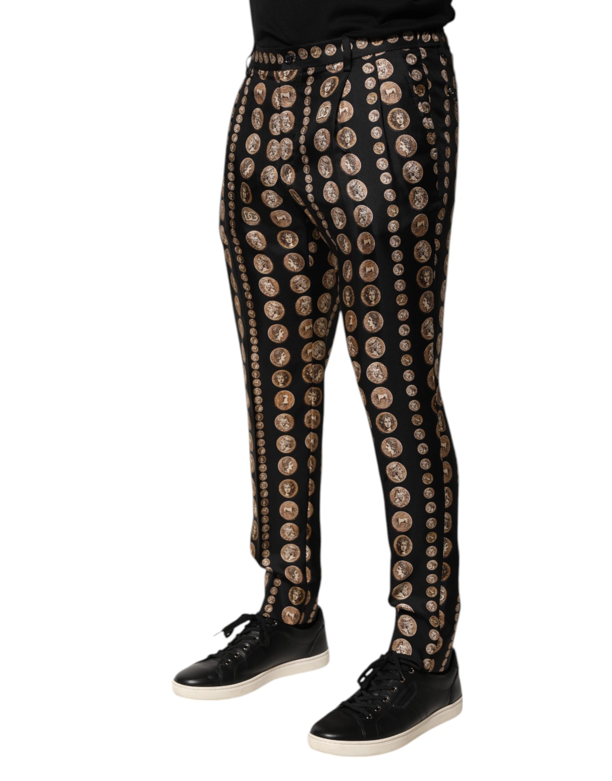 Dolce & Gabbana Black Coin Print Silk Skinny Men Trouser Pants