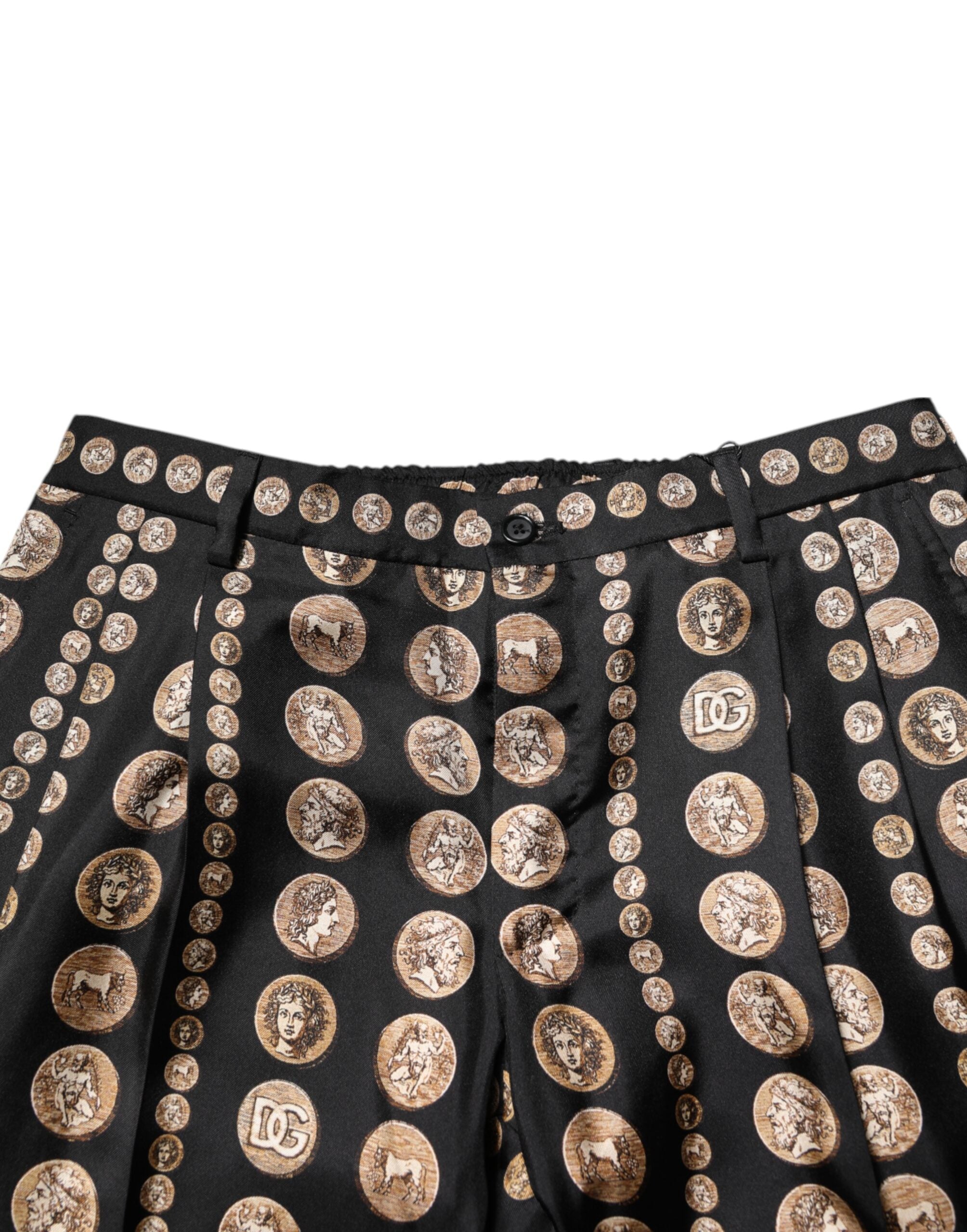 Dolce & Gabbana Black Coin Print Silk Skinny Men Trouser Pants