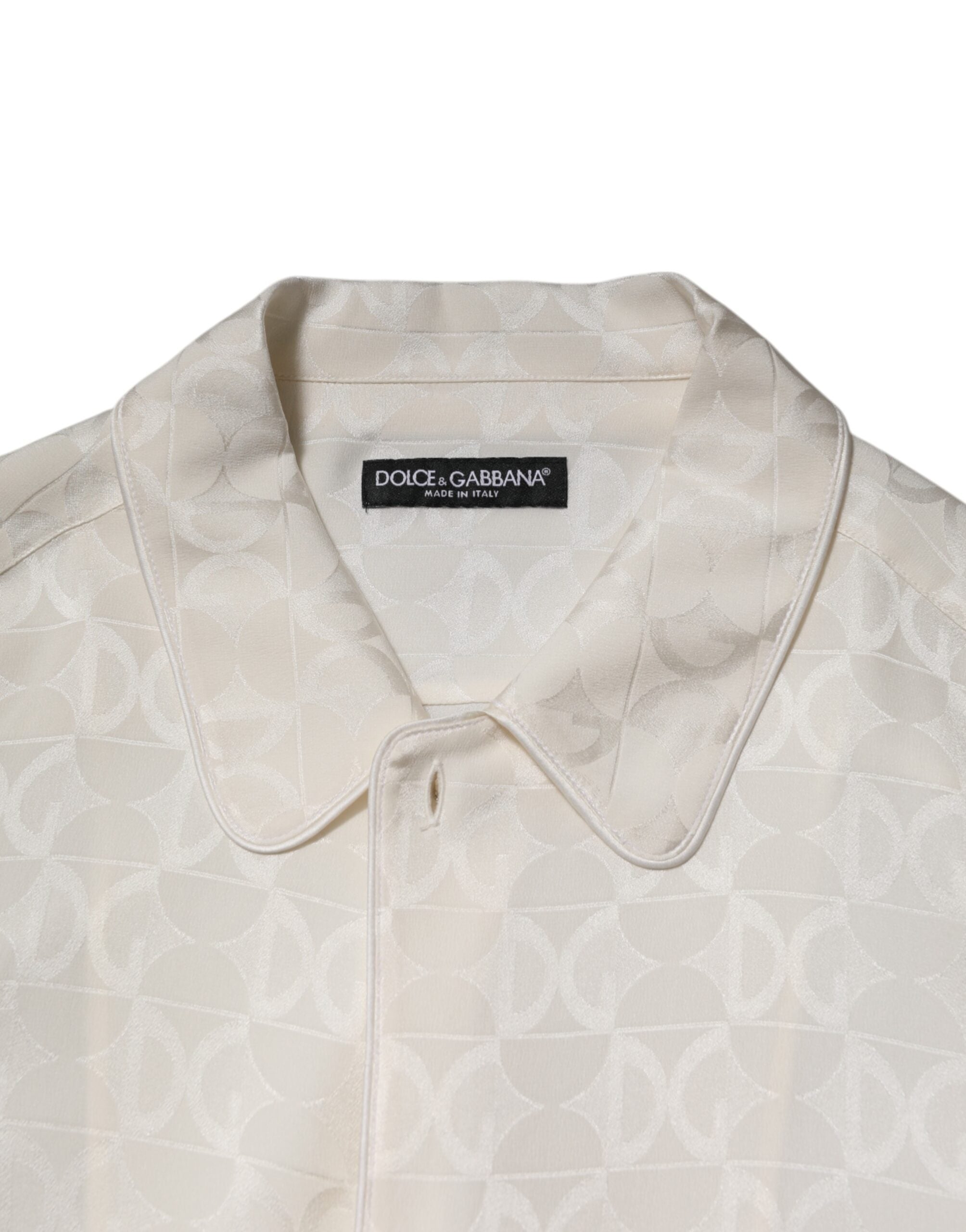 Dolce & Gabbana White Silk DG Logo Print Long Sleeves Shirt
