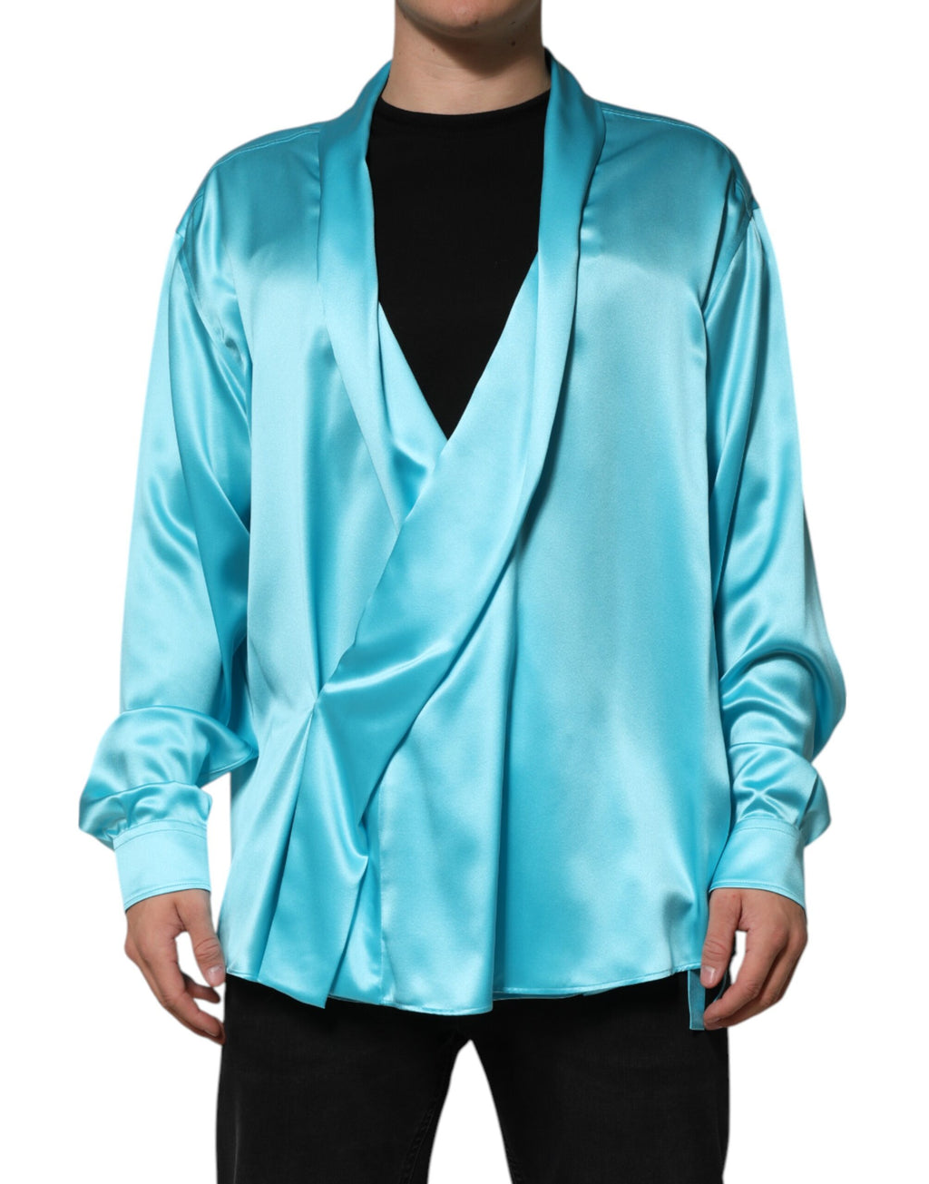Dolce & Gabbana Aqua Blue Silk Wrap Style Long Sleeve Sweater