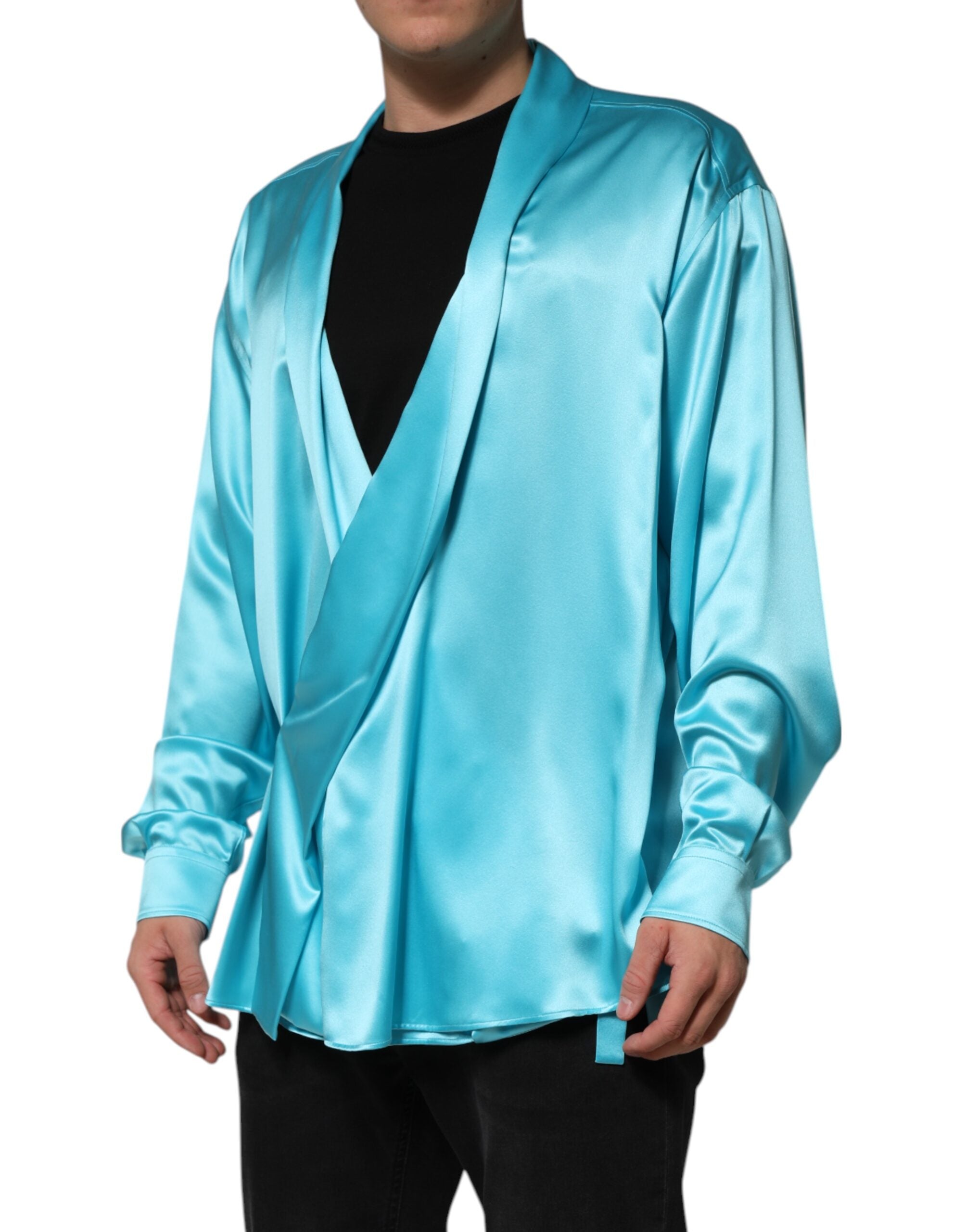 Dolce & Gabbana Aqua Blue Silk Wrap Style Long Sleeve Sweater