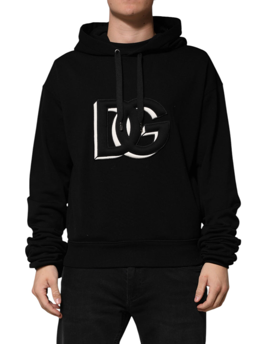 Dolce & Gabbana Black Cotton Oversize DG Logo Patch Hoodie Sweater