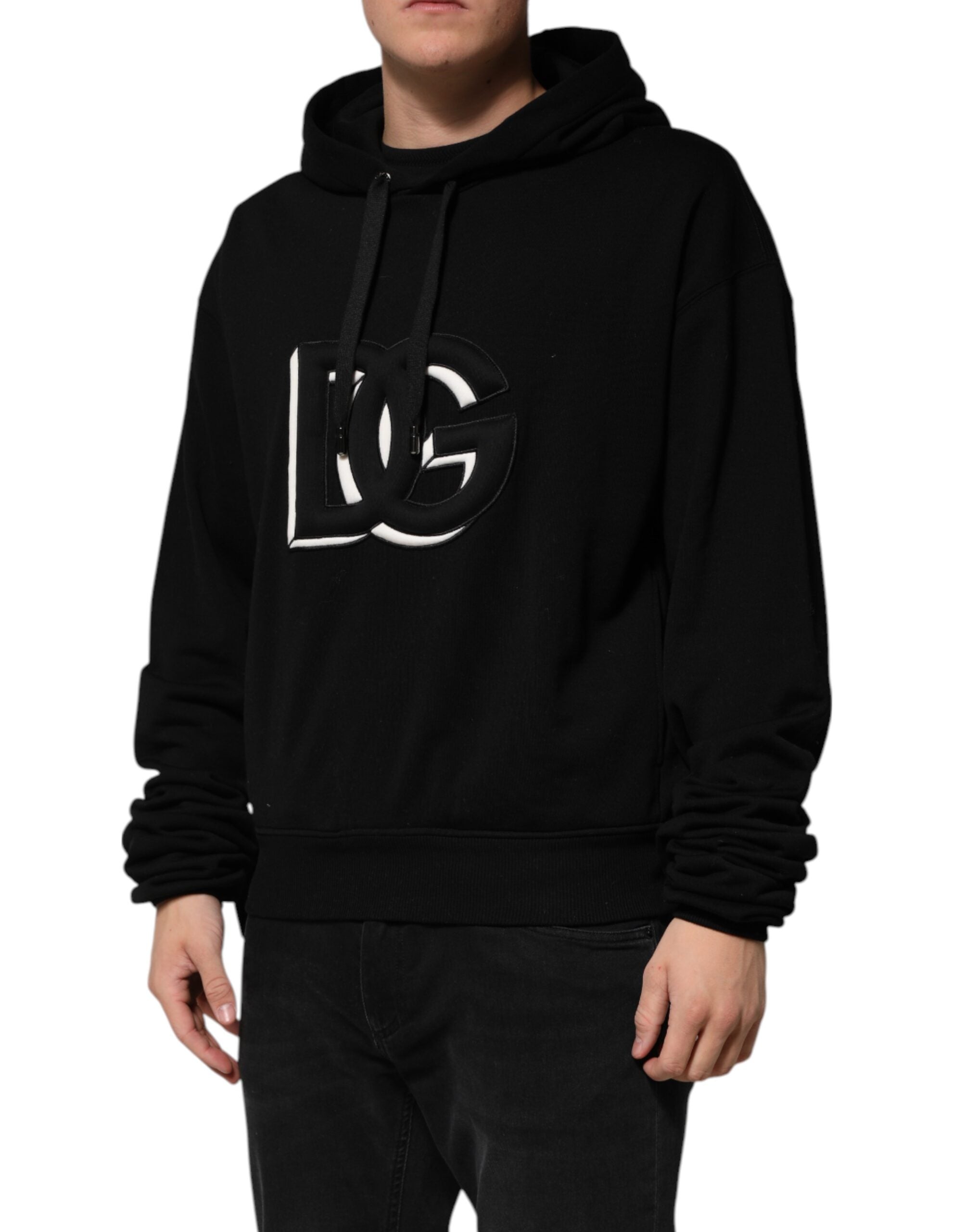 Dolce & Gabbana Black Cotton Oversize DG Logo Patch Hoodie Sweater
