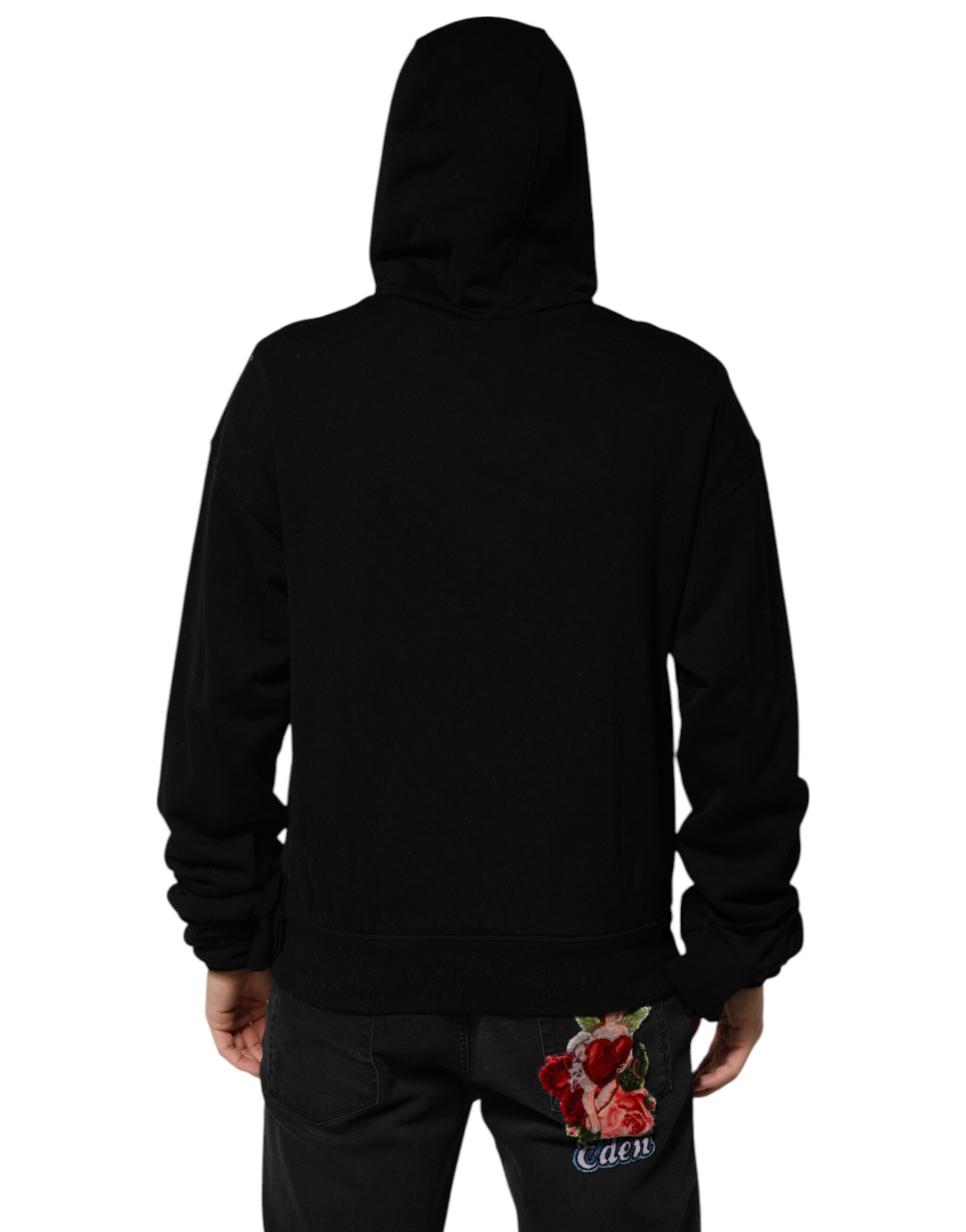 Dolce & Gabbana Black Cotton Oversize DG Logo Patch Hoodie Sweater