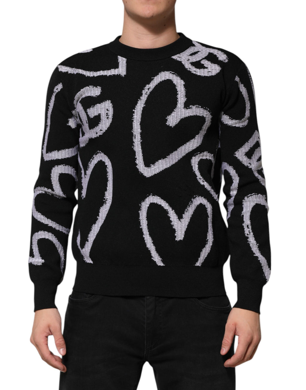 Dolce & Gabbana Black Nylon Wool Heart Print Pullover Sweater