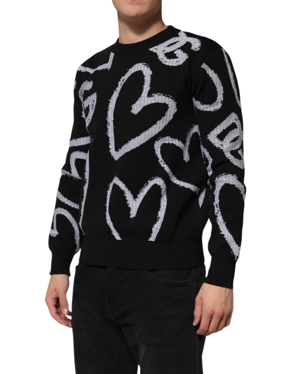 Dolce & Gabbana Black Nylon Wool Heart Print Pullover Sweater