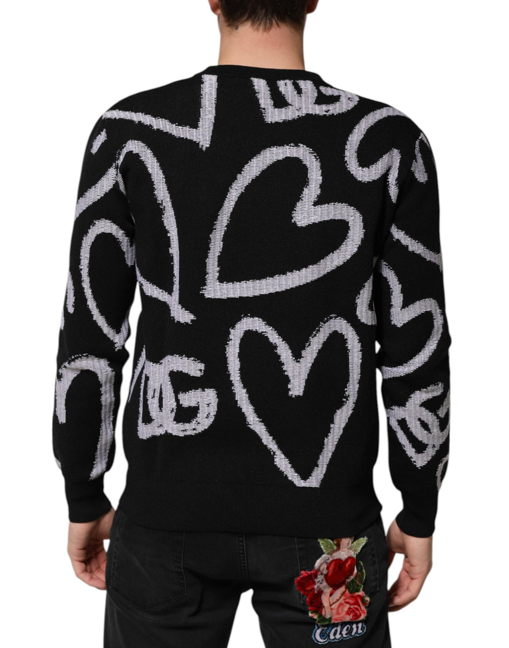 Dolce & Gabbana Black Nylon Wool Heart Print Pullover Sweater