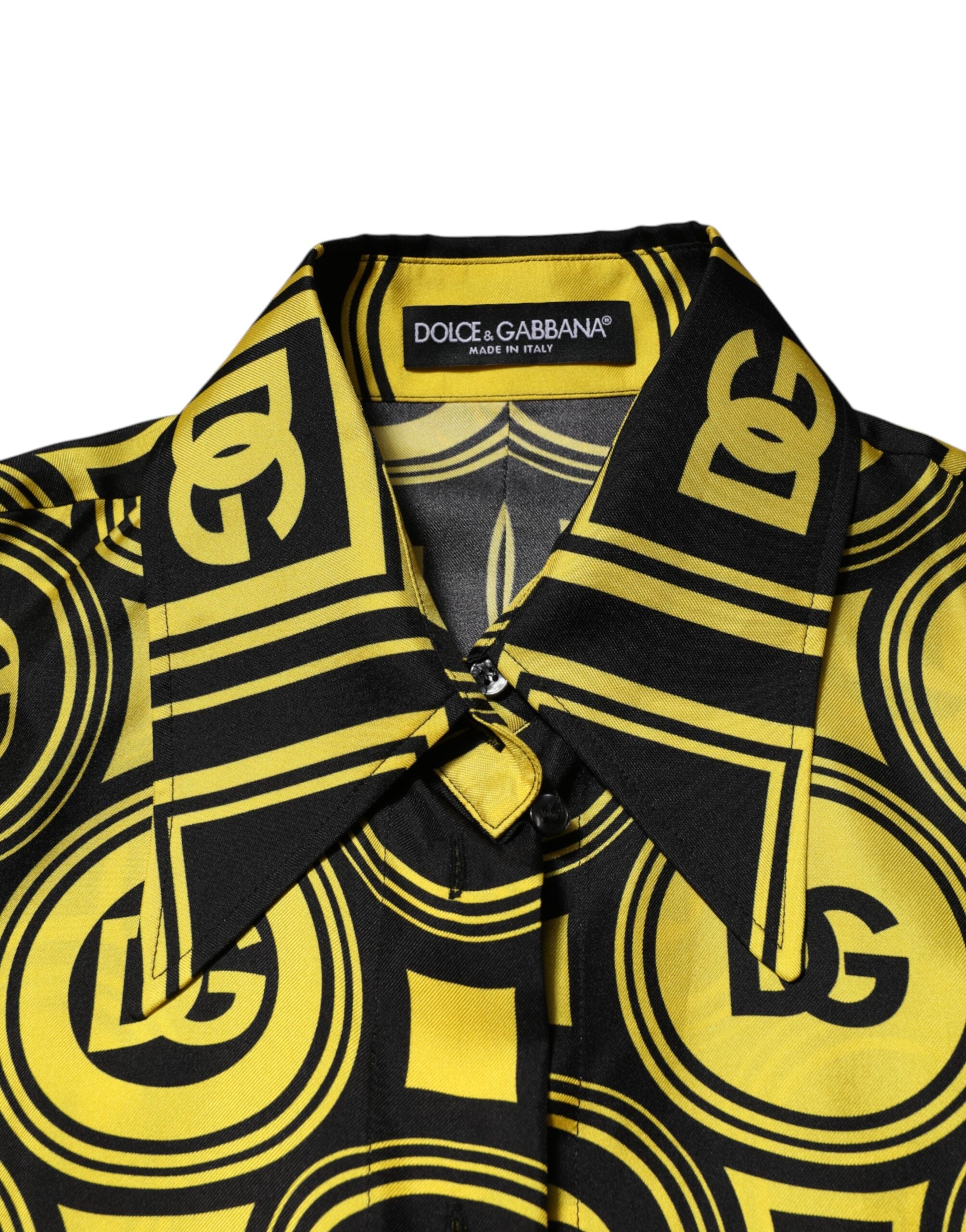 Dolce & Gabbana Yellow Silk Silver DG Logo Geometric T-shirt