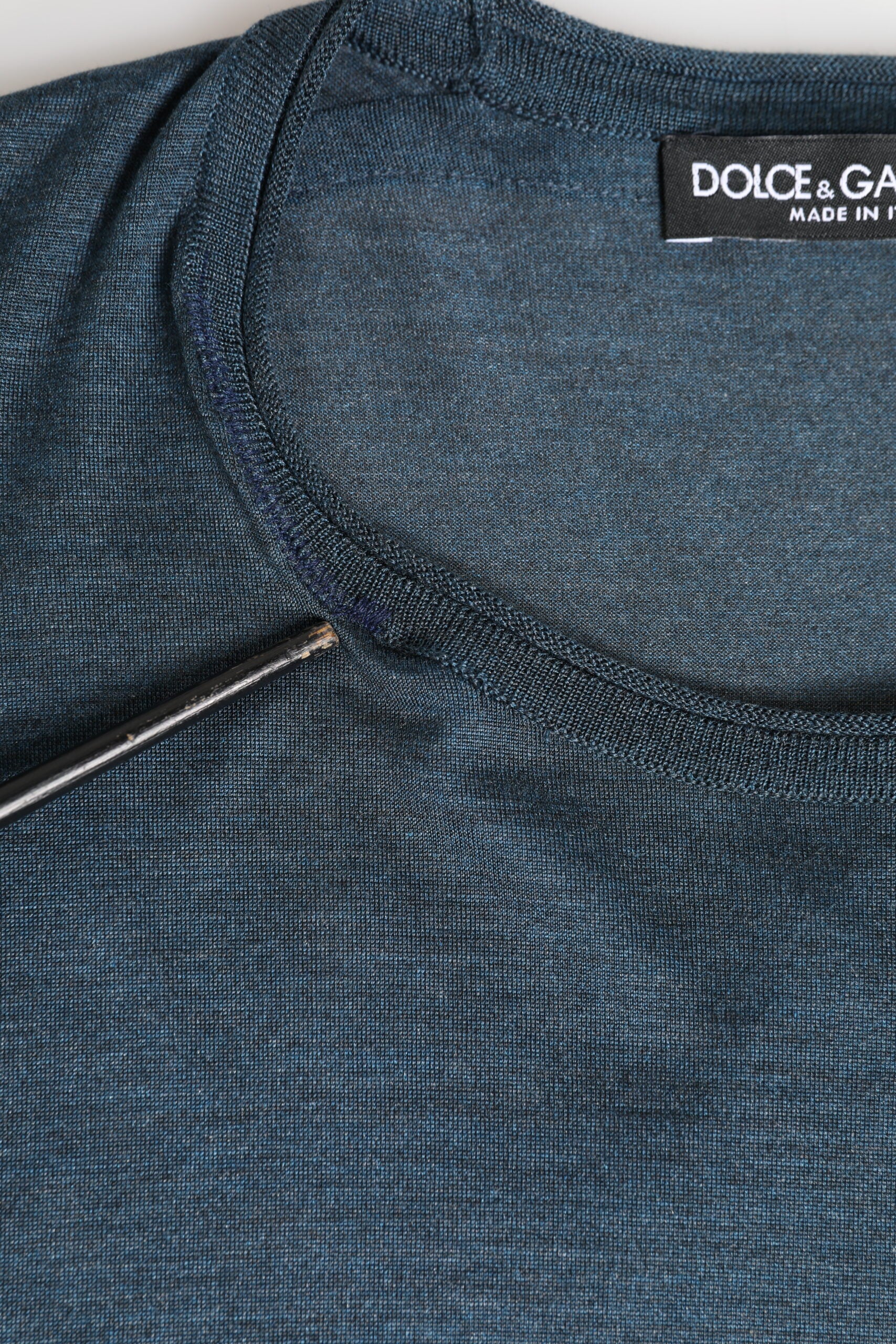 Dolce & Gabbana Dark Blue Silk Logo Patch Crew Neck T-shirt